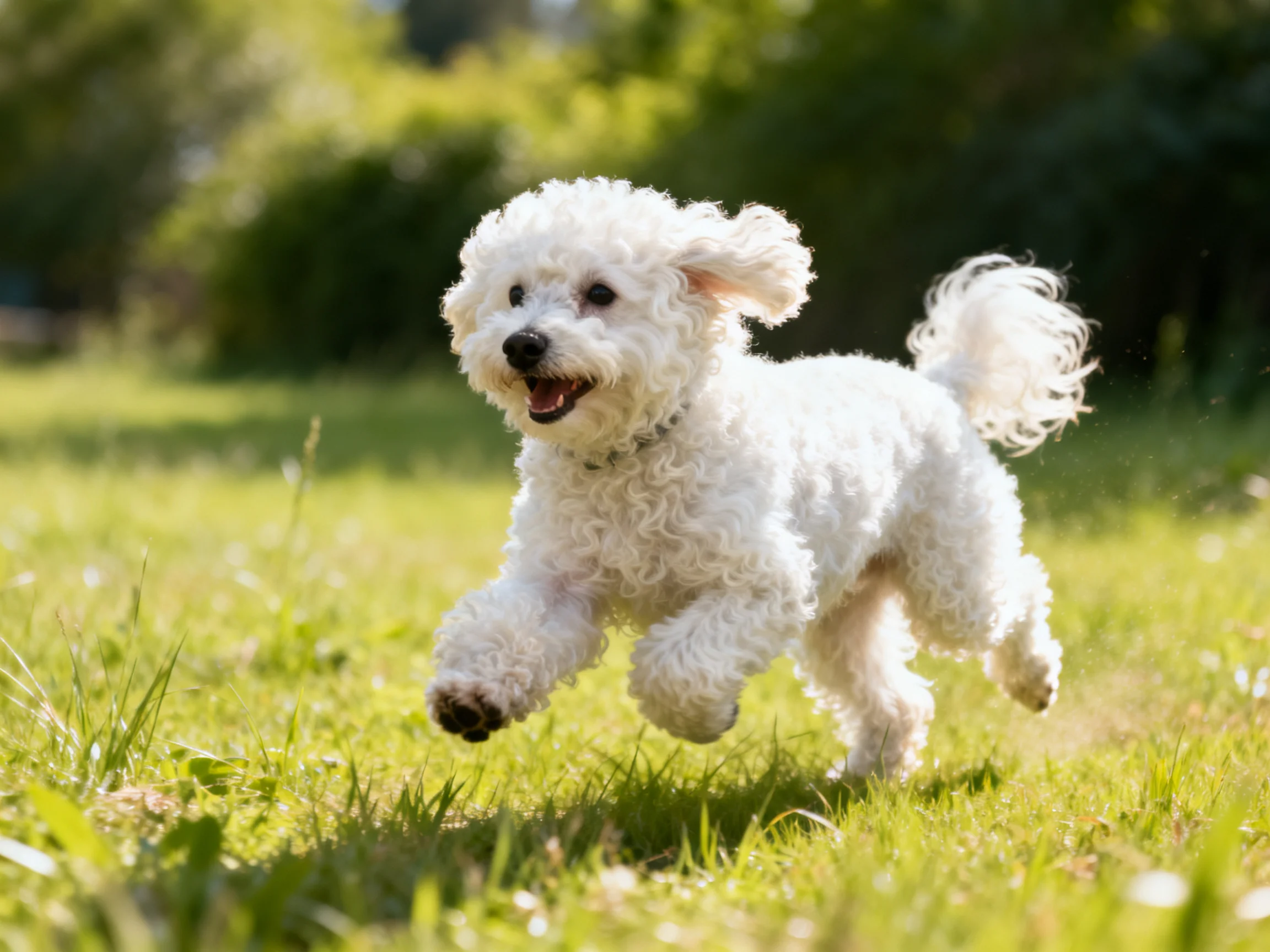 A playful white poodle runs joyfully through sunlit green grass