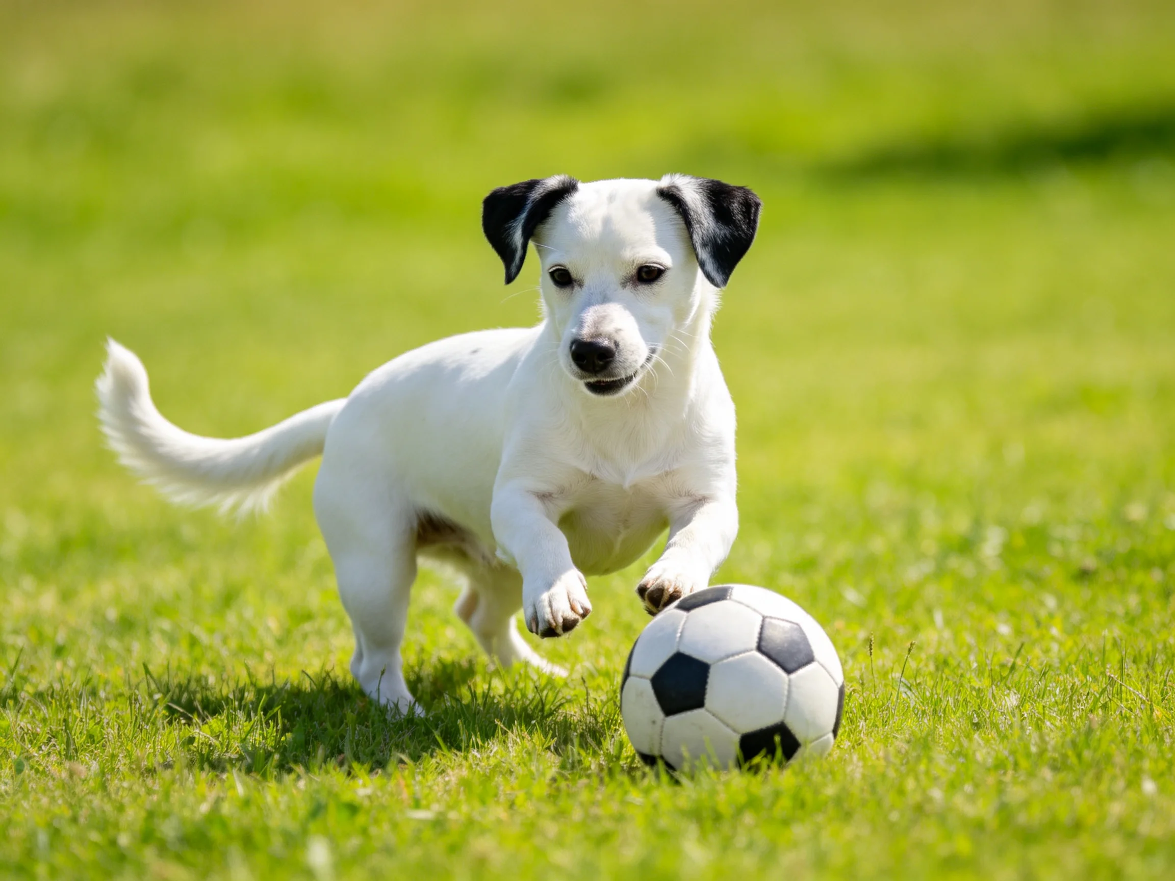 A playful white puppy chases a black-and-white soccer ball on lush green grass
