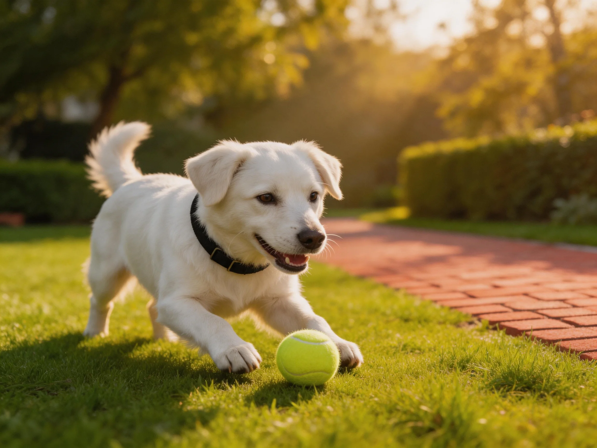 A white puppy plays with a tennis ball on grass in a sunlit park setting.