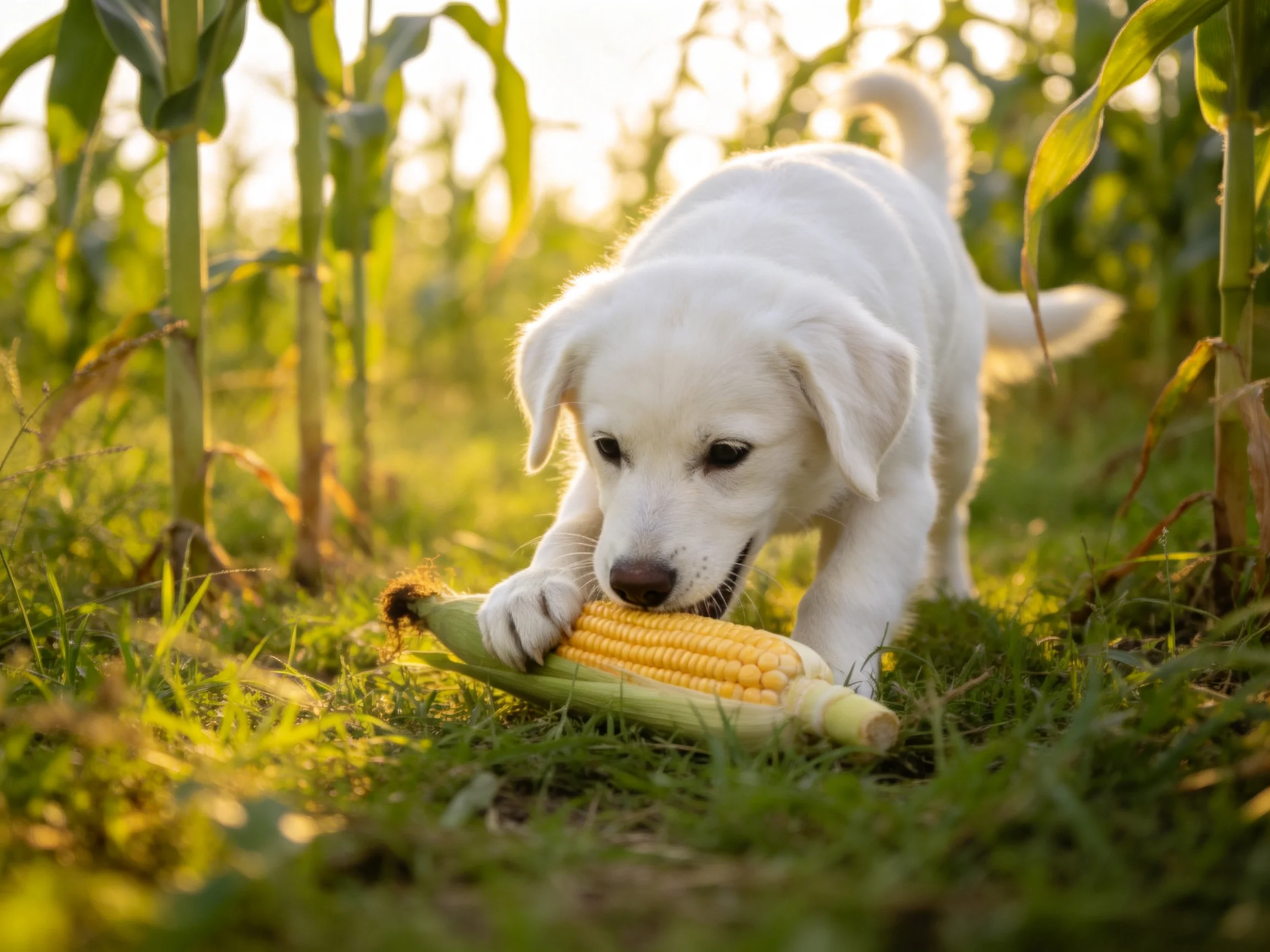 A playful white puppy chewing corn in a sunlit cornfield