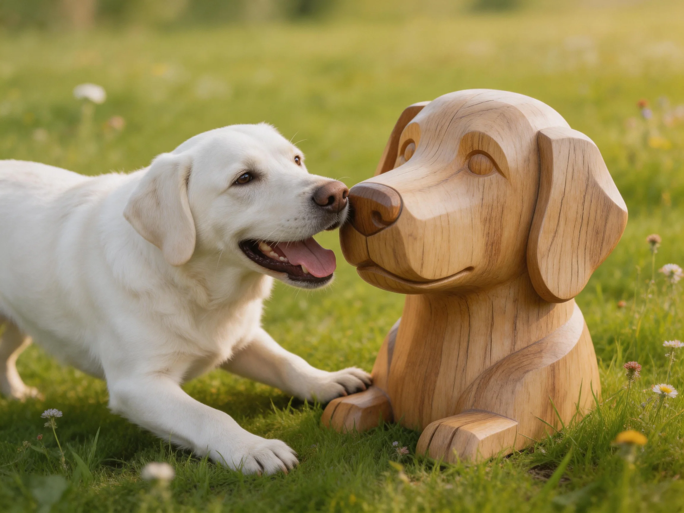 A playful white puppy interacts with a wooden dog sculpture in a grassy meadow