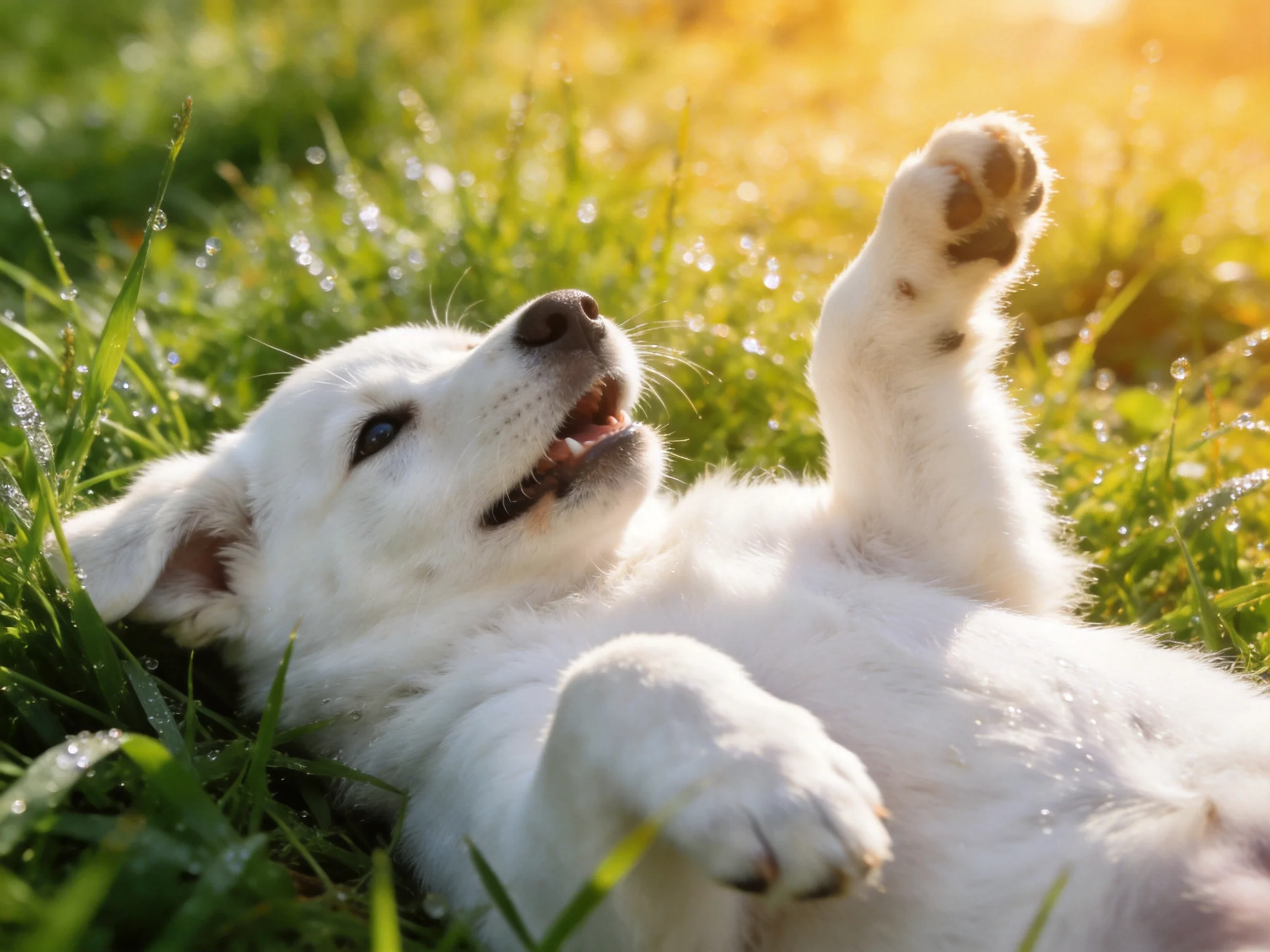A playful white puppy lies on dewy green grass in bright sunlight