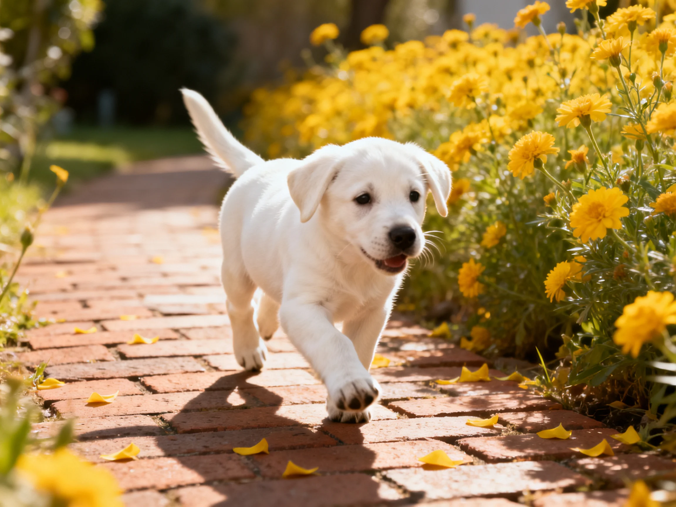 A playful white puppy running along a brick path with yellow flowers