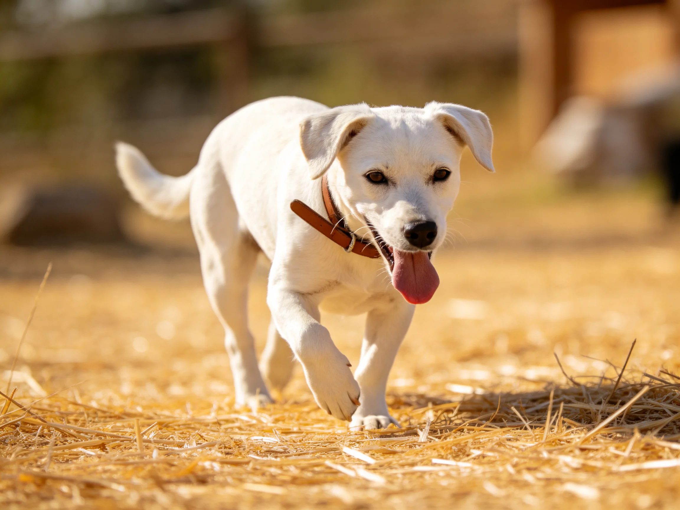 A playful white puppy running on golden straw-covered ground