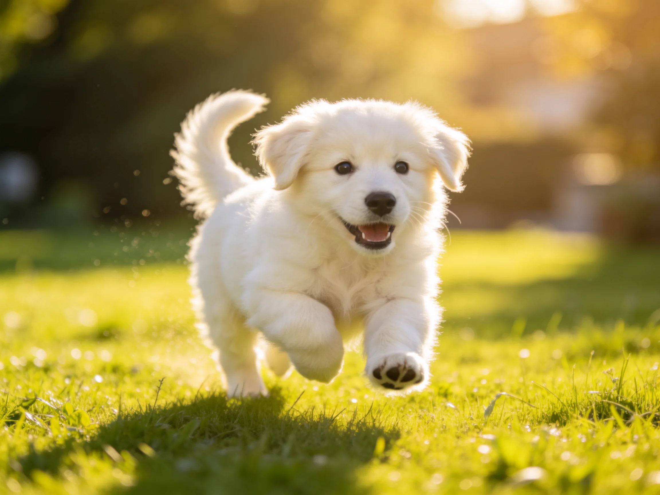 A playful white puppy running through sunlit green grass