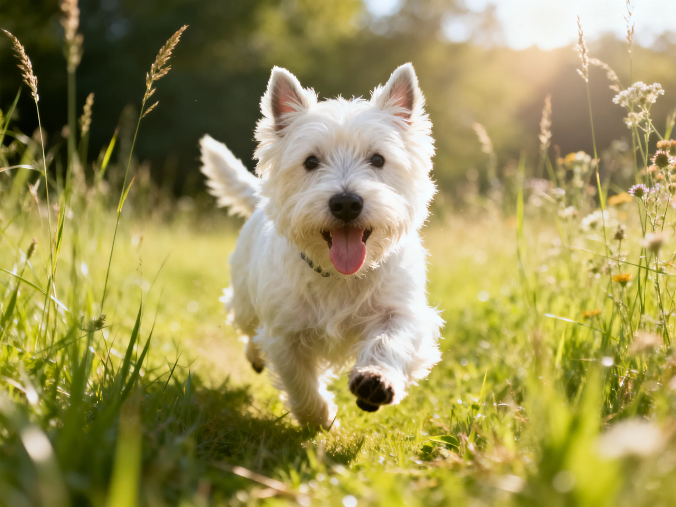 A playful white terrier runs through a sunlit meadow of tall green grass