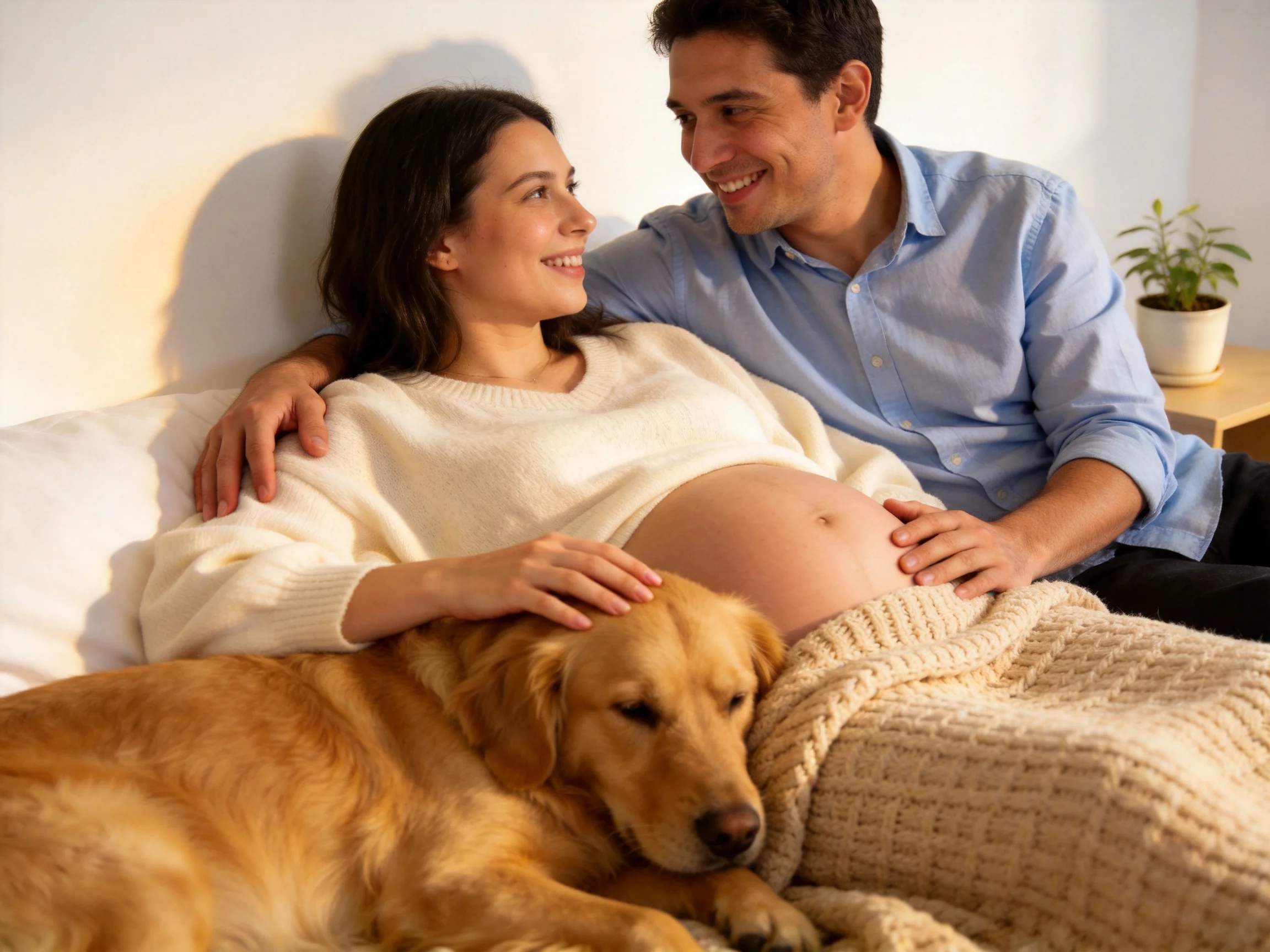 A pregnant woman, her partner, and a golden retriever rest on a cozy bed.