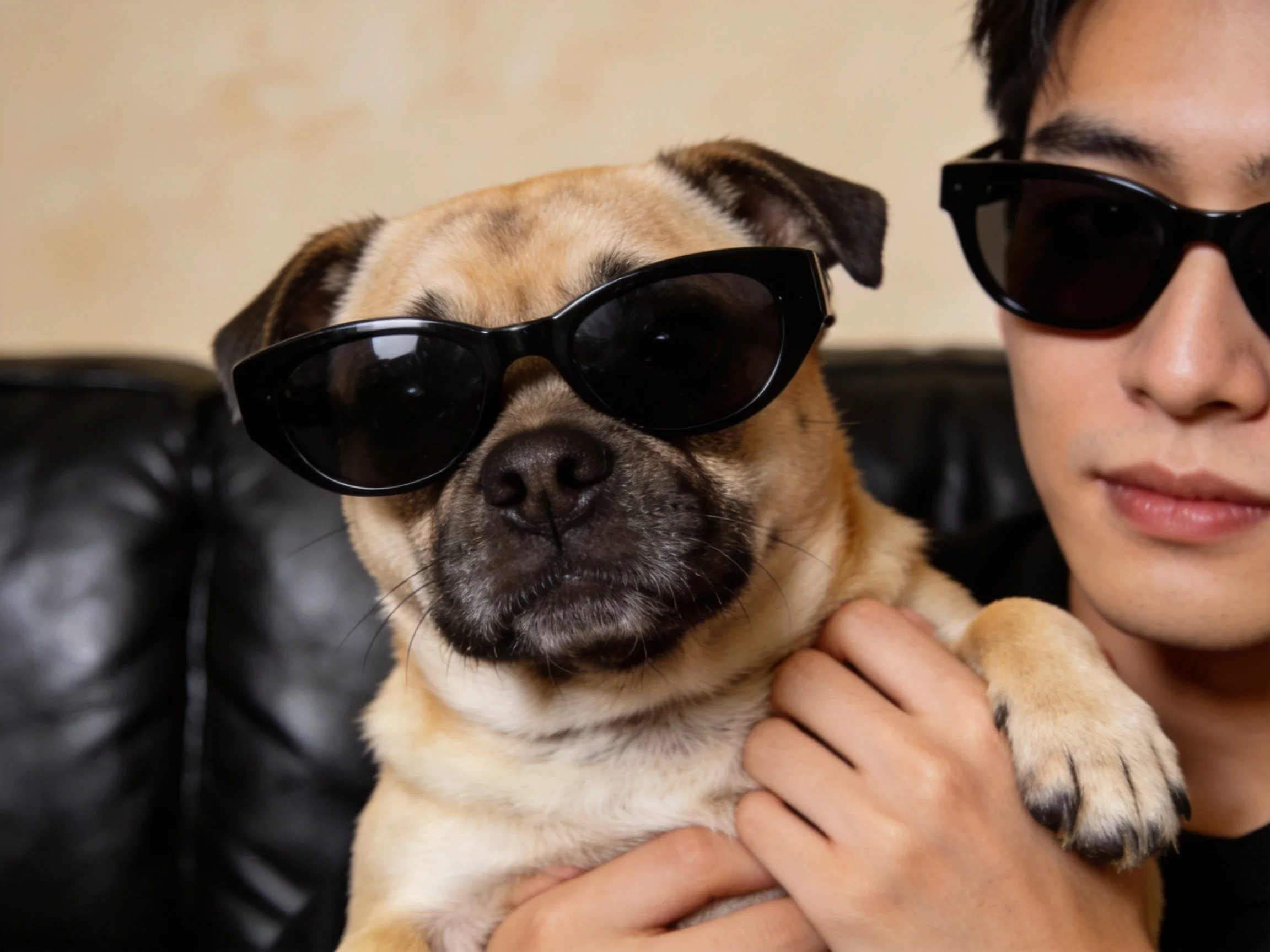 A pug dog and human in black sunglasses sit on a black leather couch