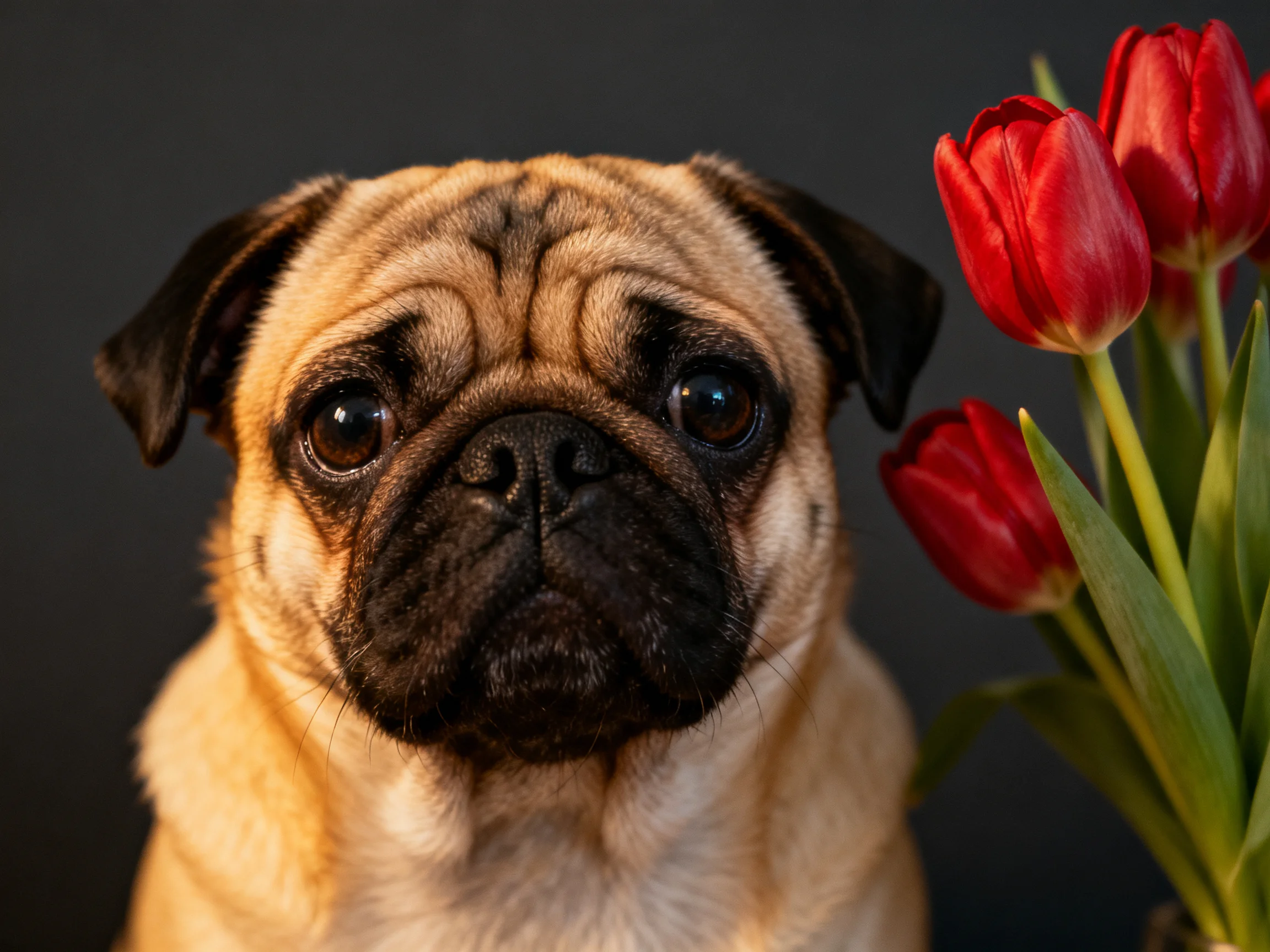 A pug dog beside vibrant red tulips with a dark backdrop