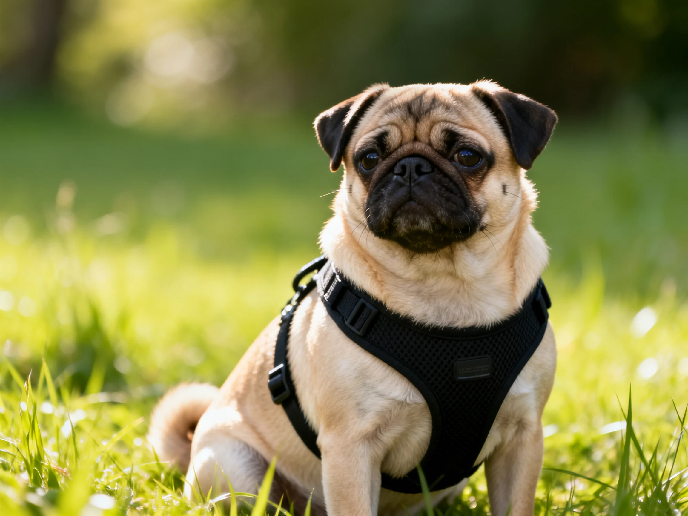 A pug dog in a black harness sits on green grass
