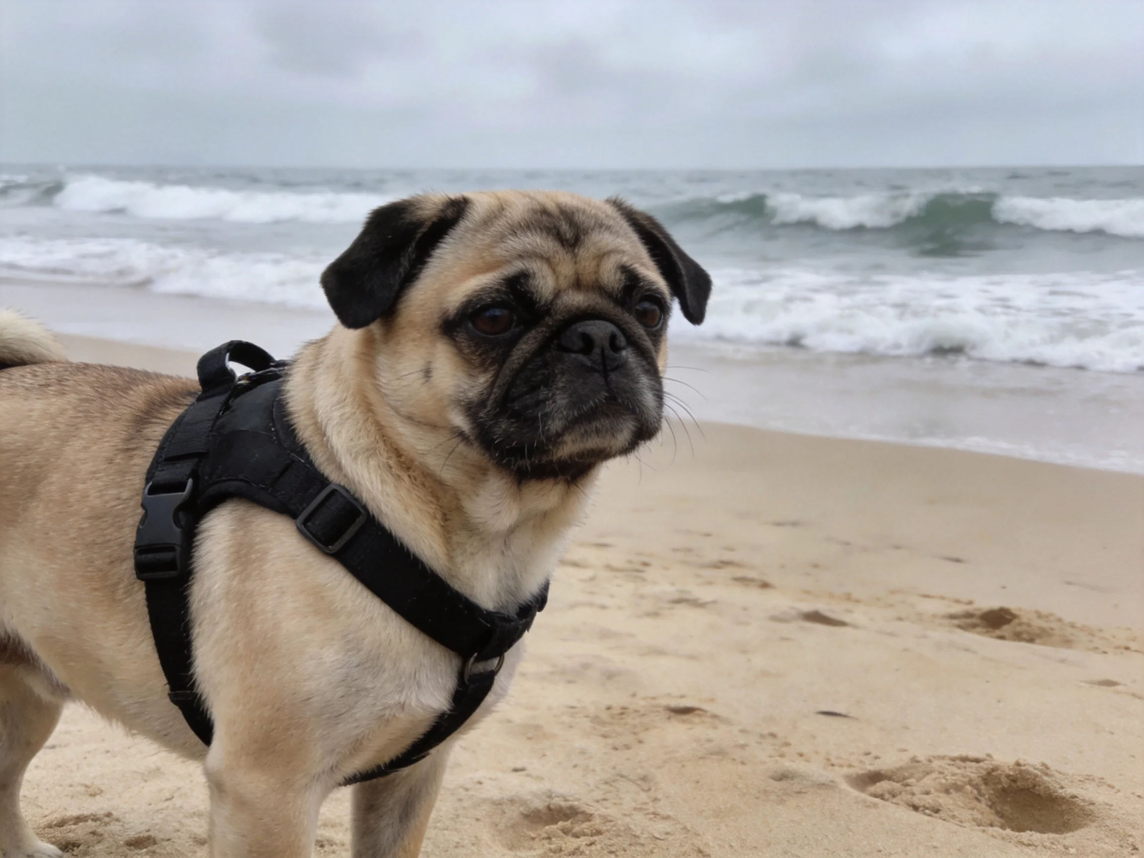 A pug dog in a black harness stands on a sandy beach by the ocean