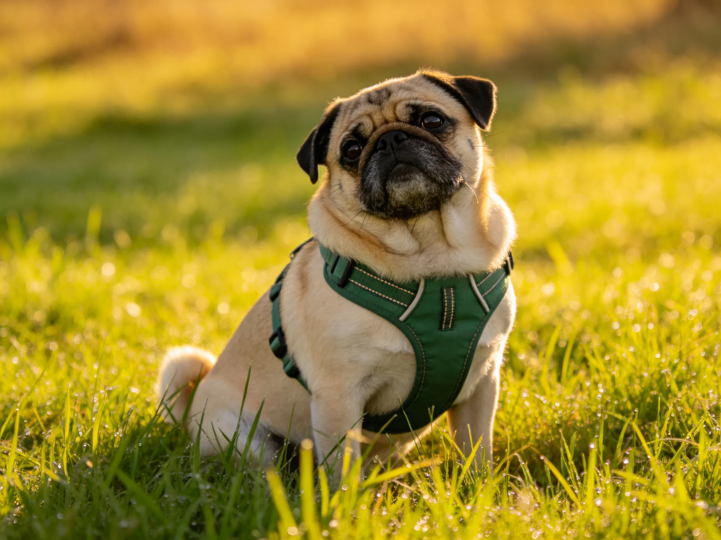 A pug dog in a green harness sits amid sunlit grass