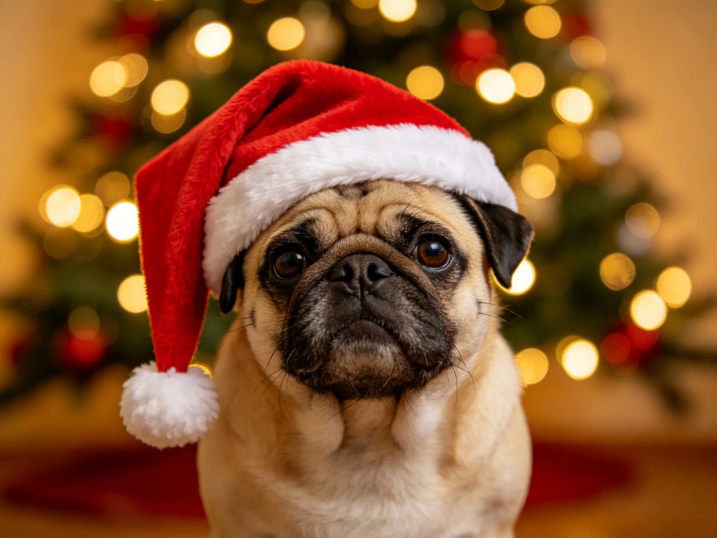 A pug dog in a red Santa hat near a lit Christmas tree