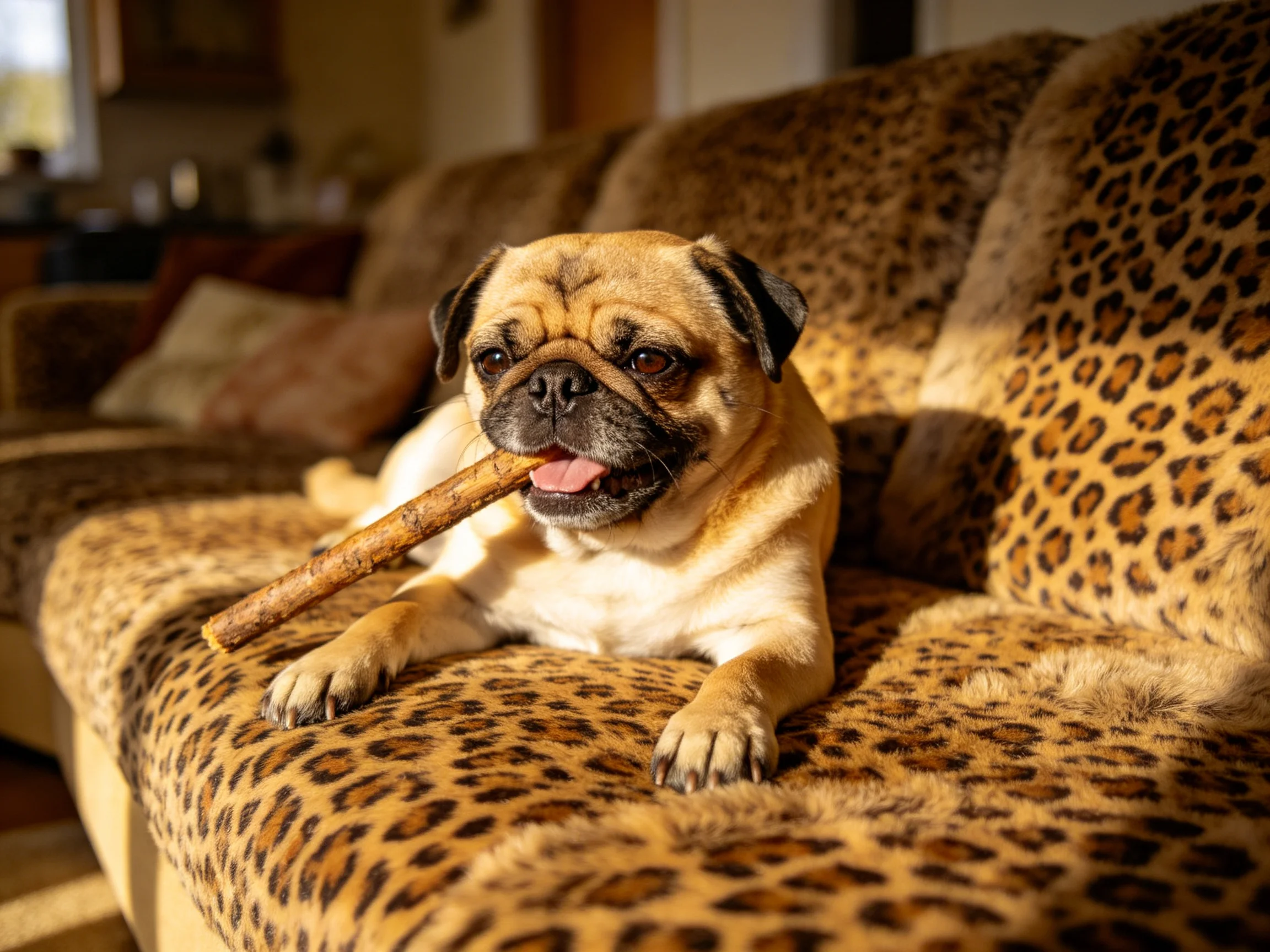 A pug dog rests on a leopard - print couch with a large chew stick