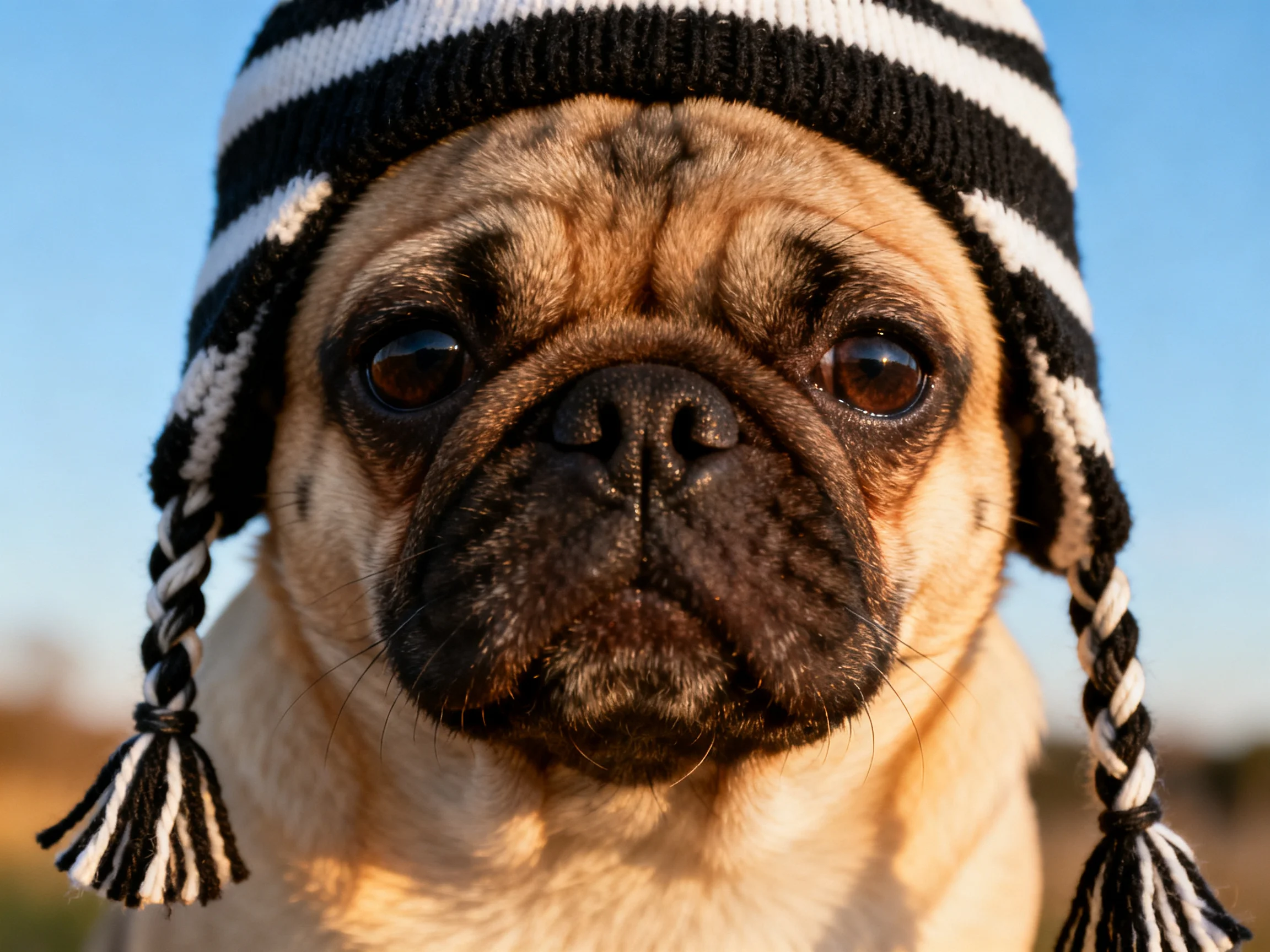A pug dog wearing a black and white striped knit hat with braided tassels