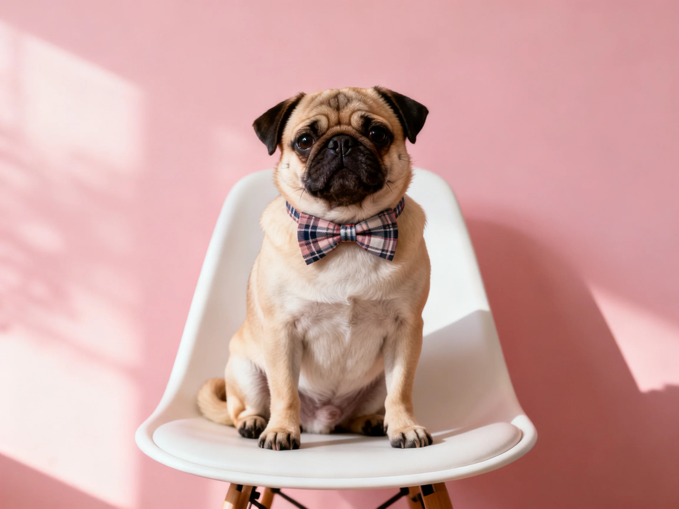 A pug dog wearing a plaid bow tie sits on a white chair against a pink wall