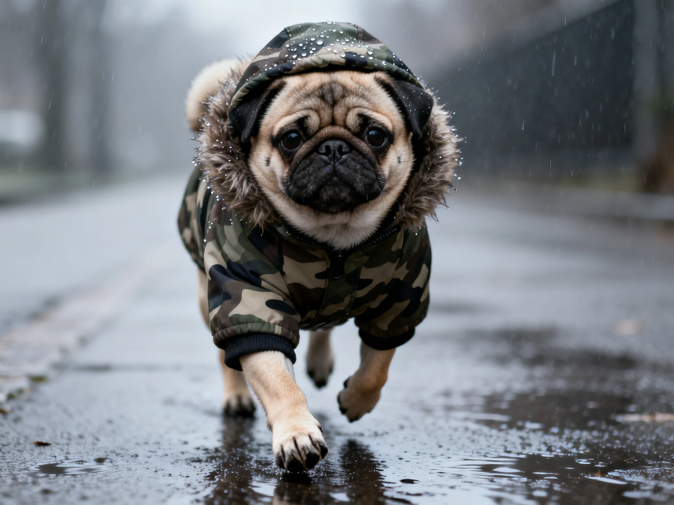 A pug in a camouflage hooded coat walks through rainy pavement