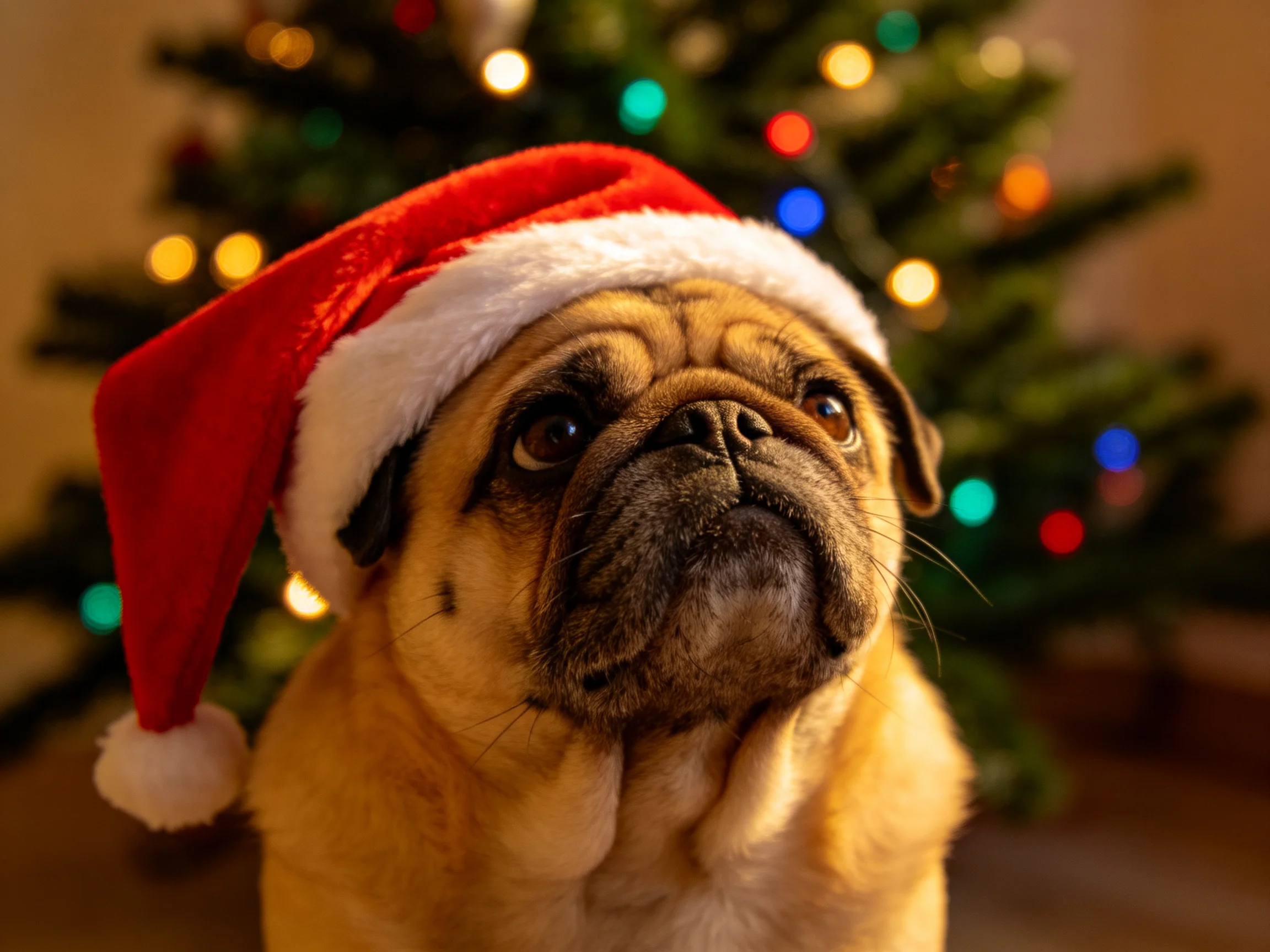 A pug in a red Santa hat near a decorated Christmas tree with colorful lights