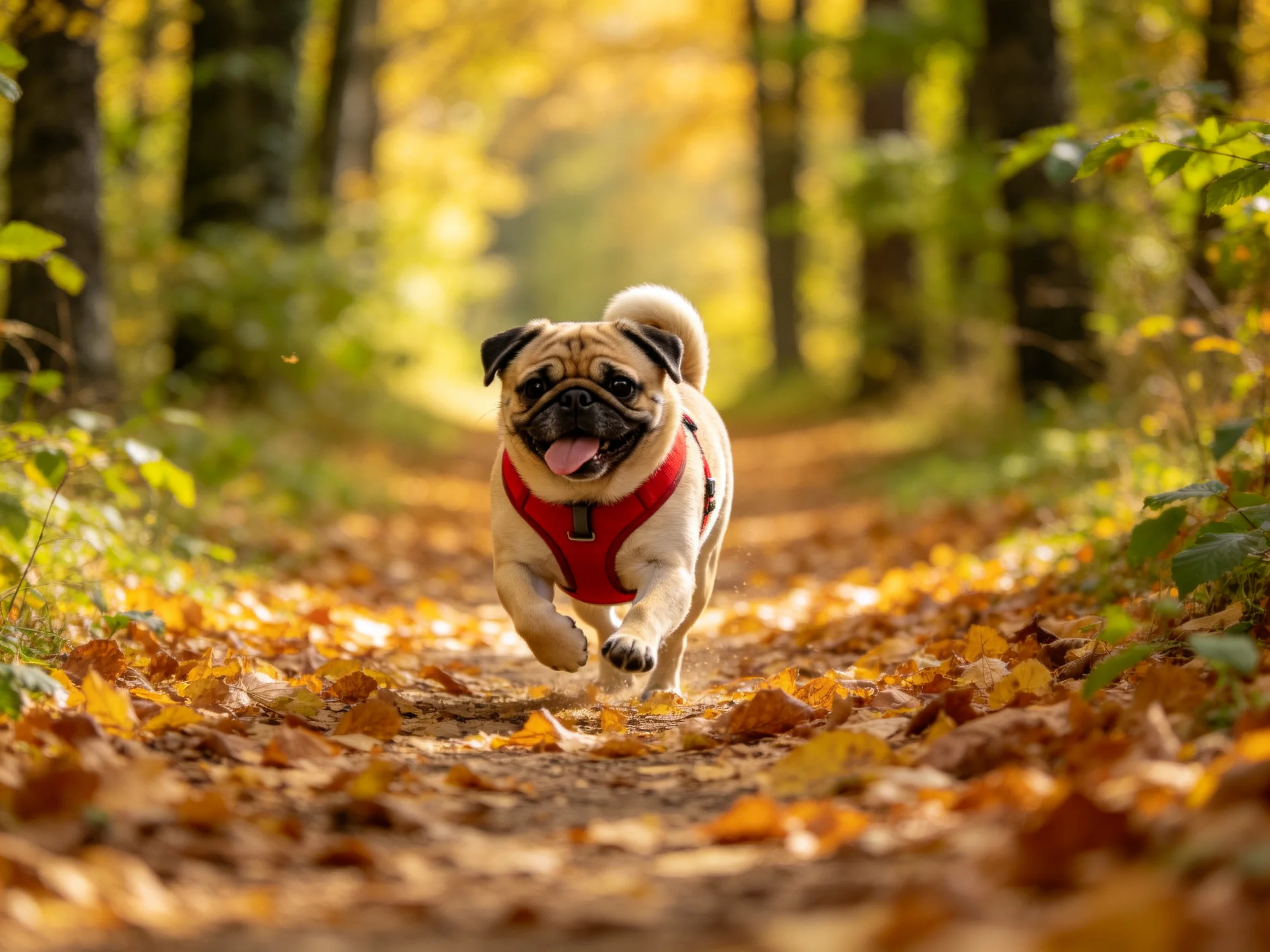 A pug in a red harness runs through an autumn forest path