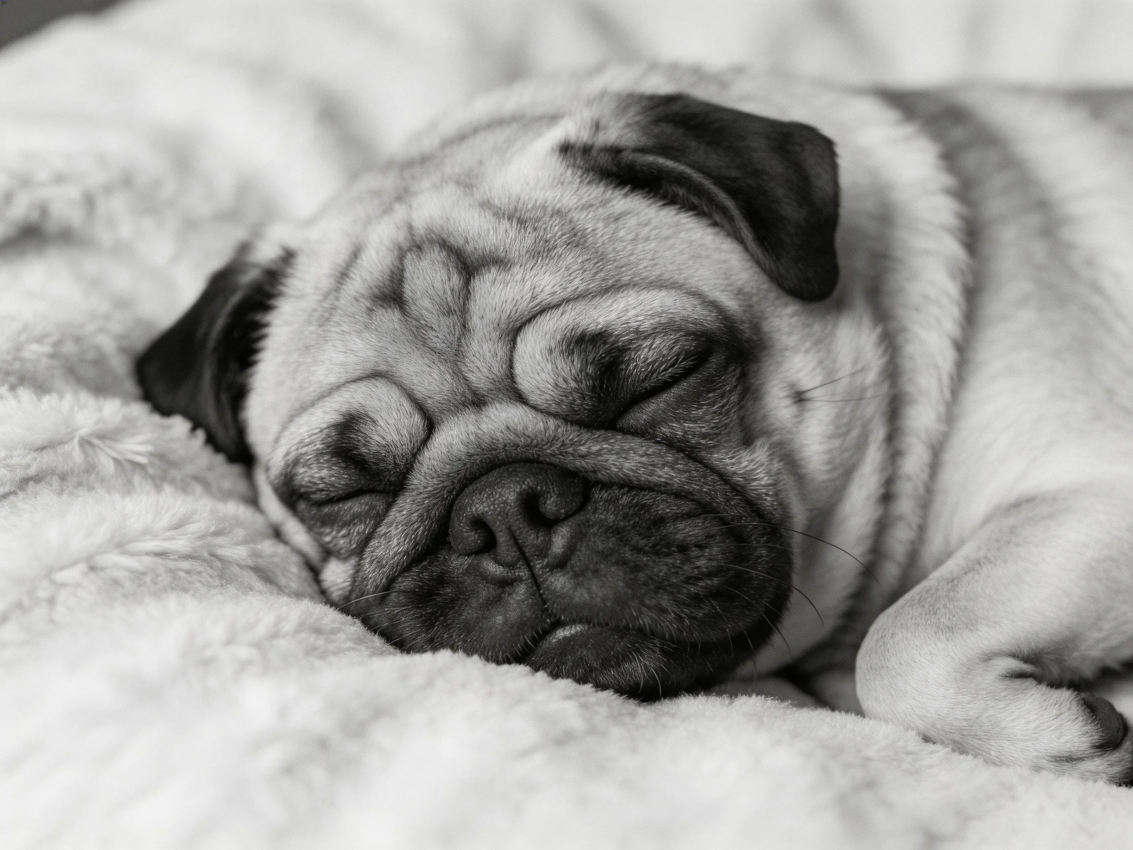 A pug puppy sleeping soundly on a soft textured blanket