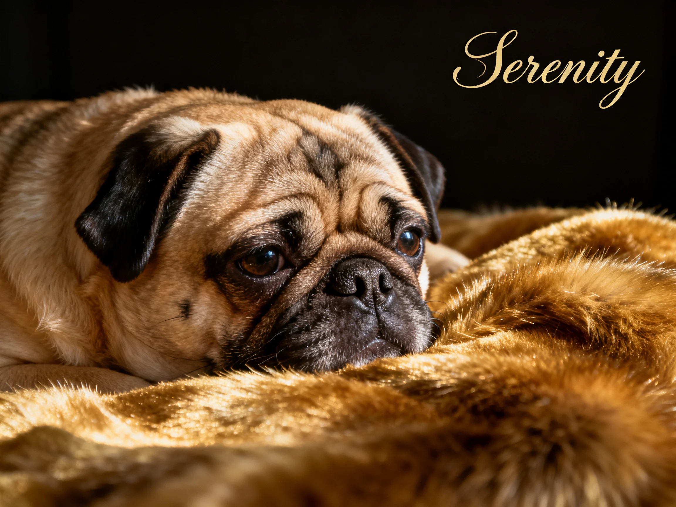 A pug rests on a golden fur blanket with Serenity text