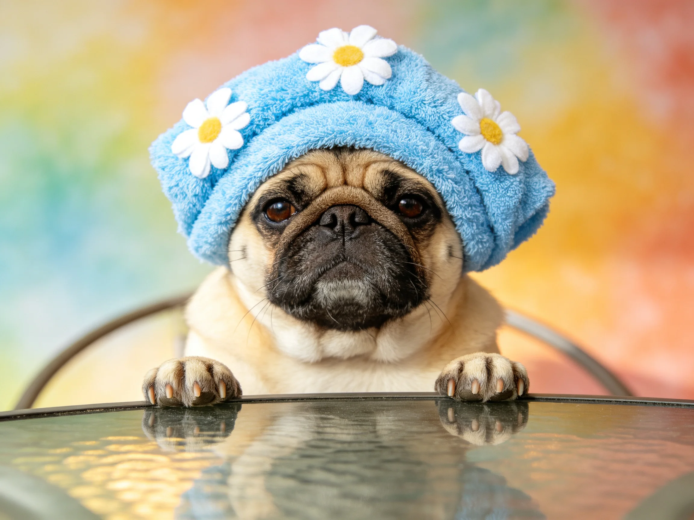 A pug wearing a blue flowered towel hat peeks over a glass surface