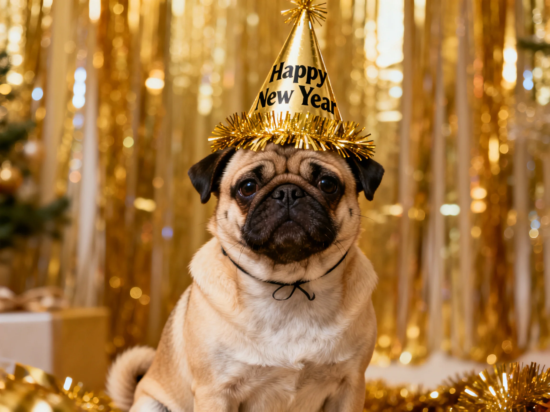 A pug wearing a golden Happy New Year party hat amid shimmering gold decor