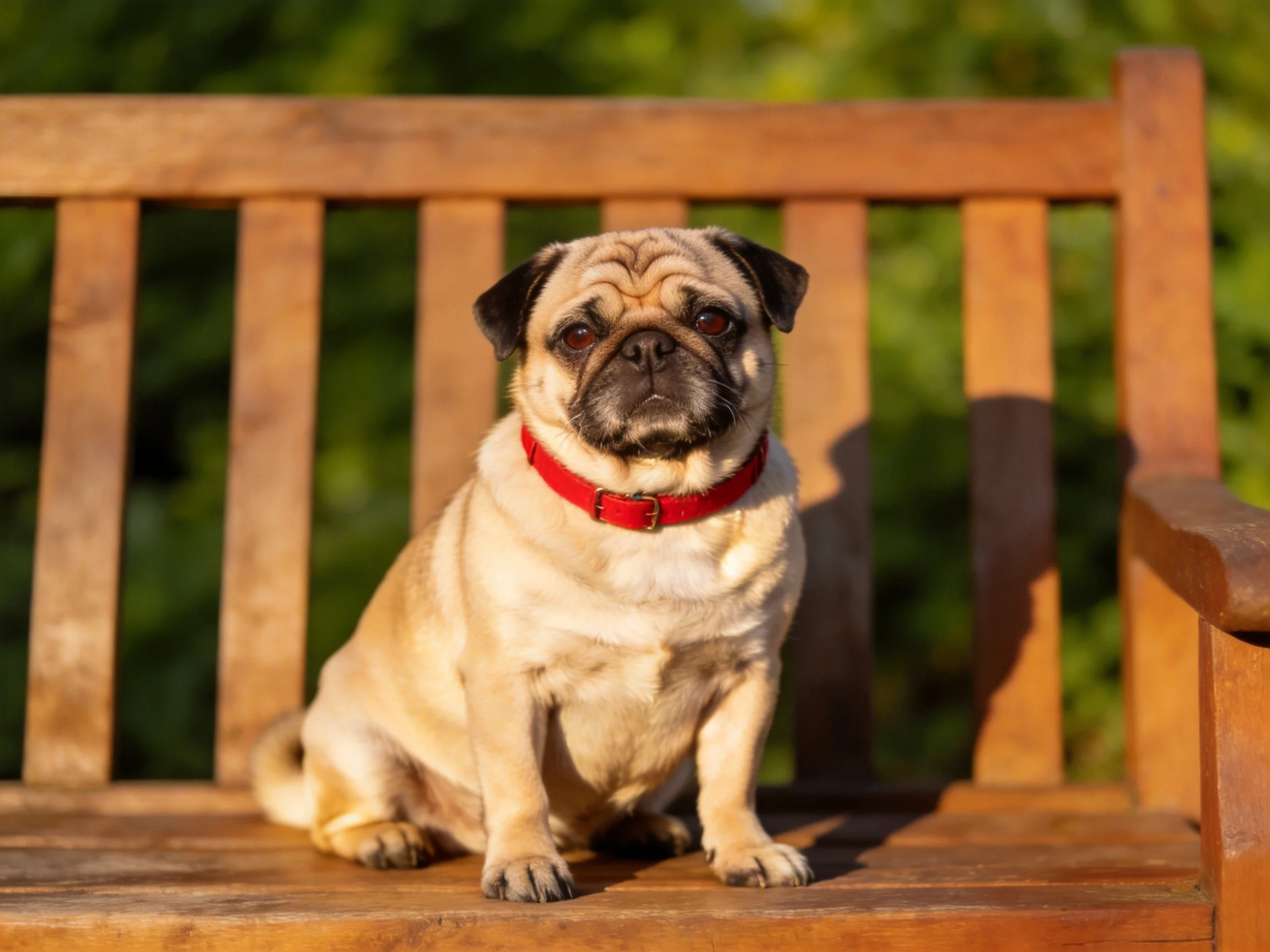 A pug with a red collar sits on a wooden bench in a sunlit outdoor space