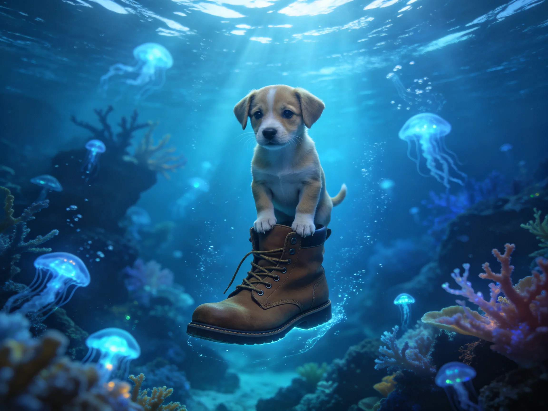 A puppy sits atop a brown boot amid glowing blue jellyfish