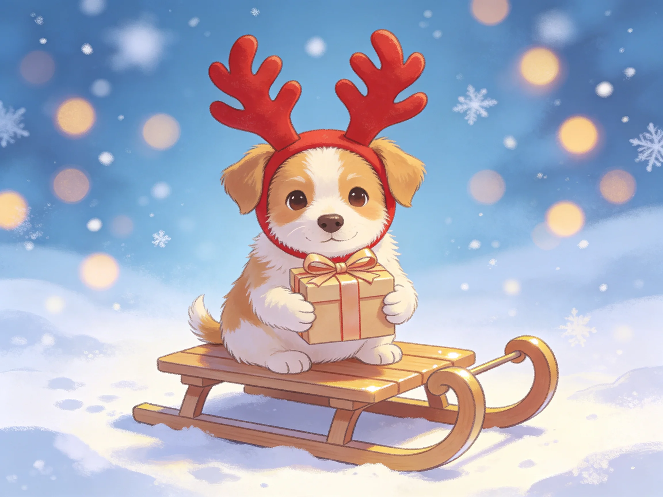 A puppy wearing red reindeer antlers holds a gift on a wooden sled in snow