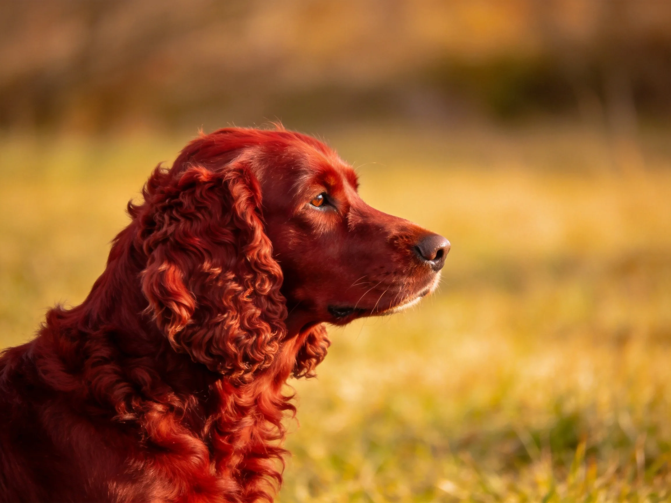 A red-coated dog with long, curly ears in a sunlit meadow