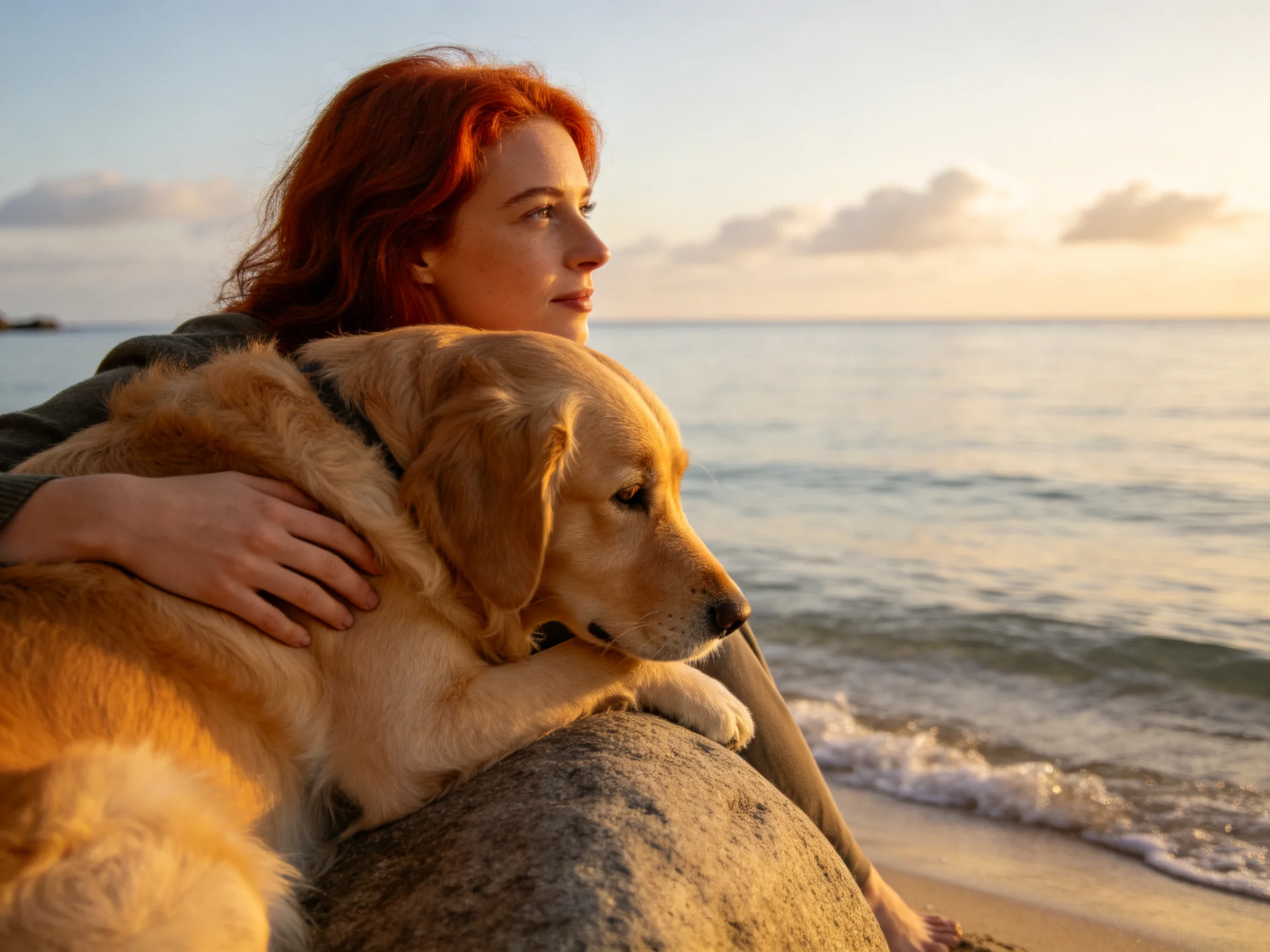 A red-haired woman and golden retriever relax by the ocean at sunset
