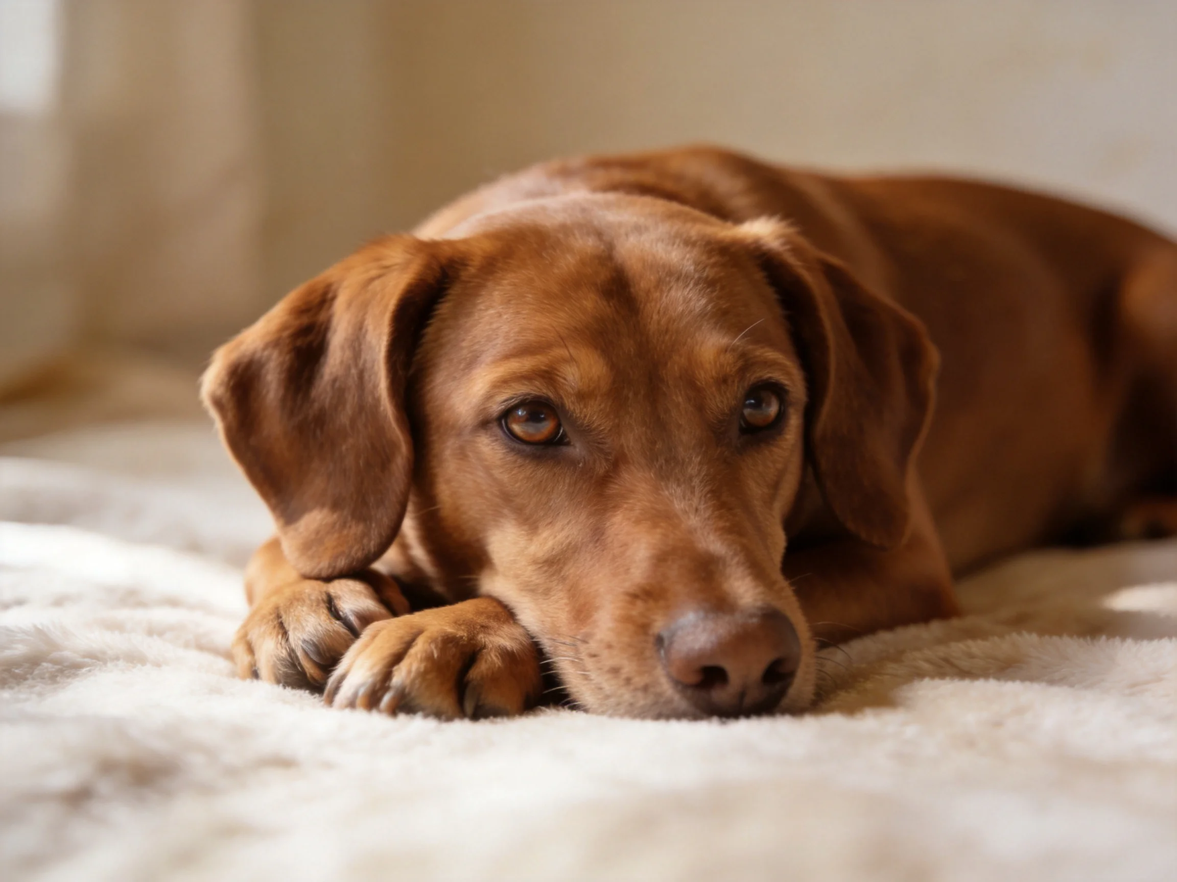 A reddish - brown dog relaxes on a soft blanket in an indoor setting