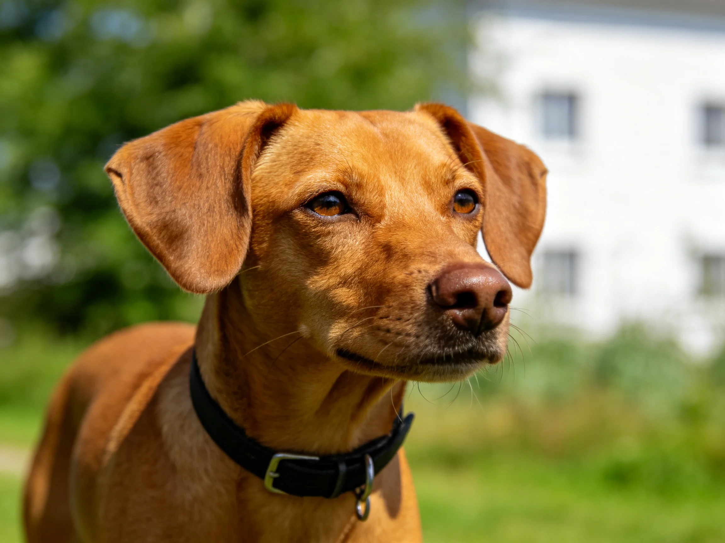 A reddish - brown dog with a black collar in an outdoor setting