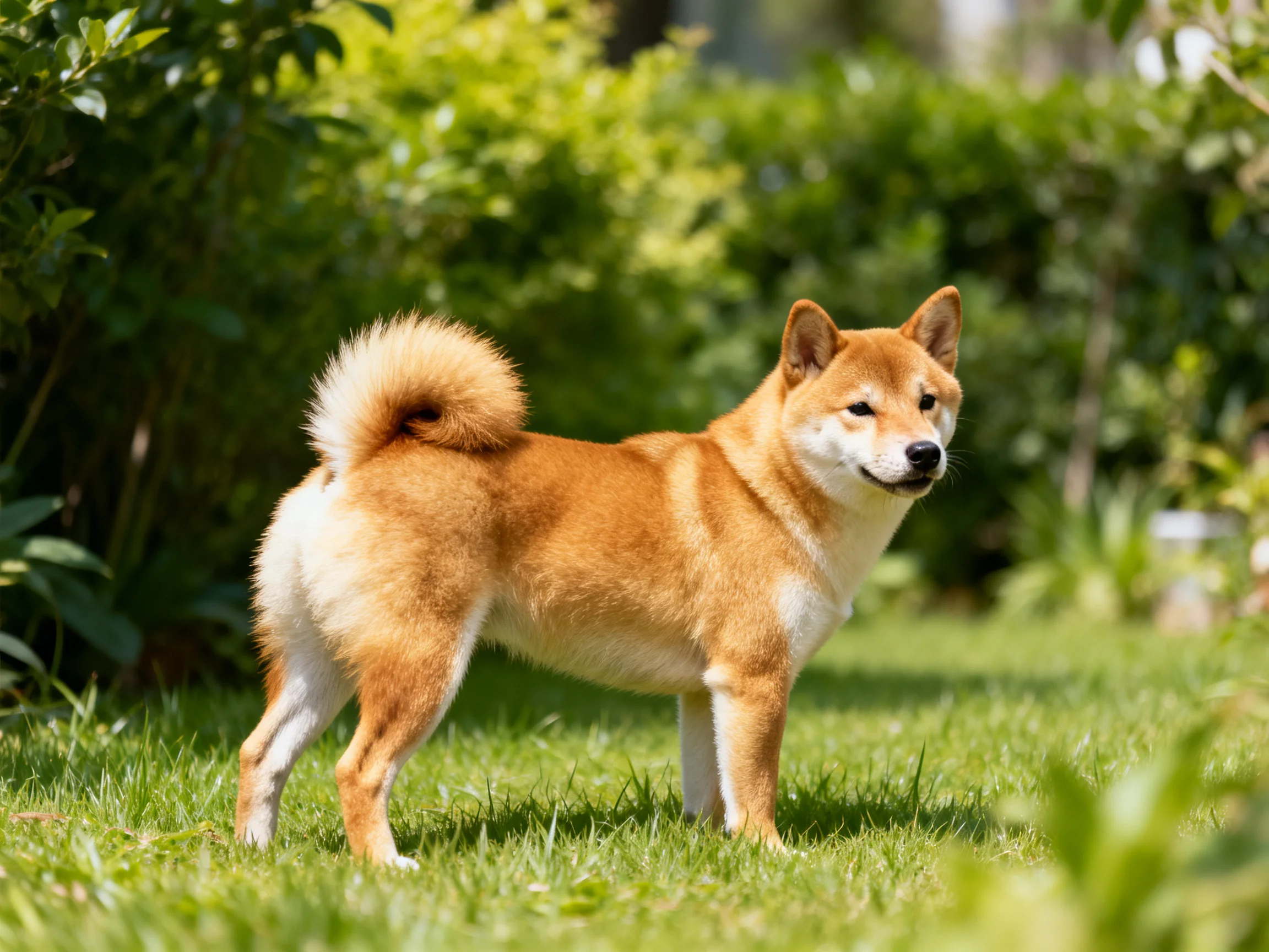 A reddish-brown Shiba Inu stands proudly among lush greenery