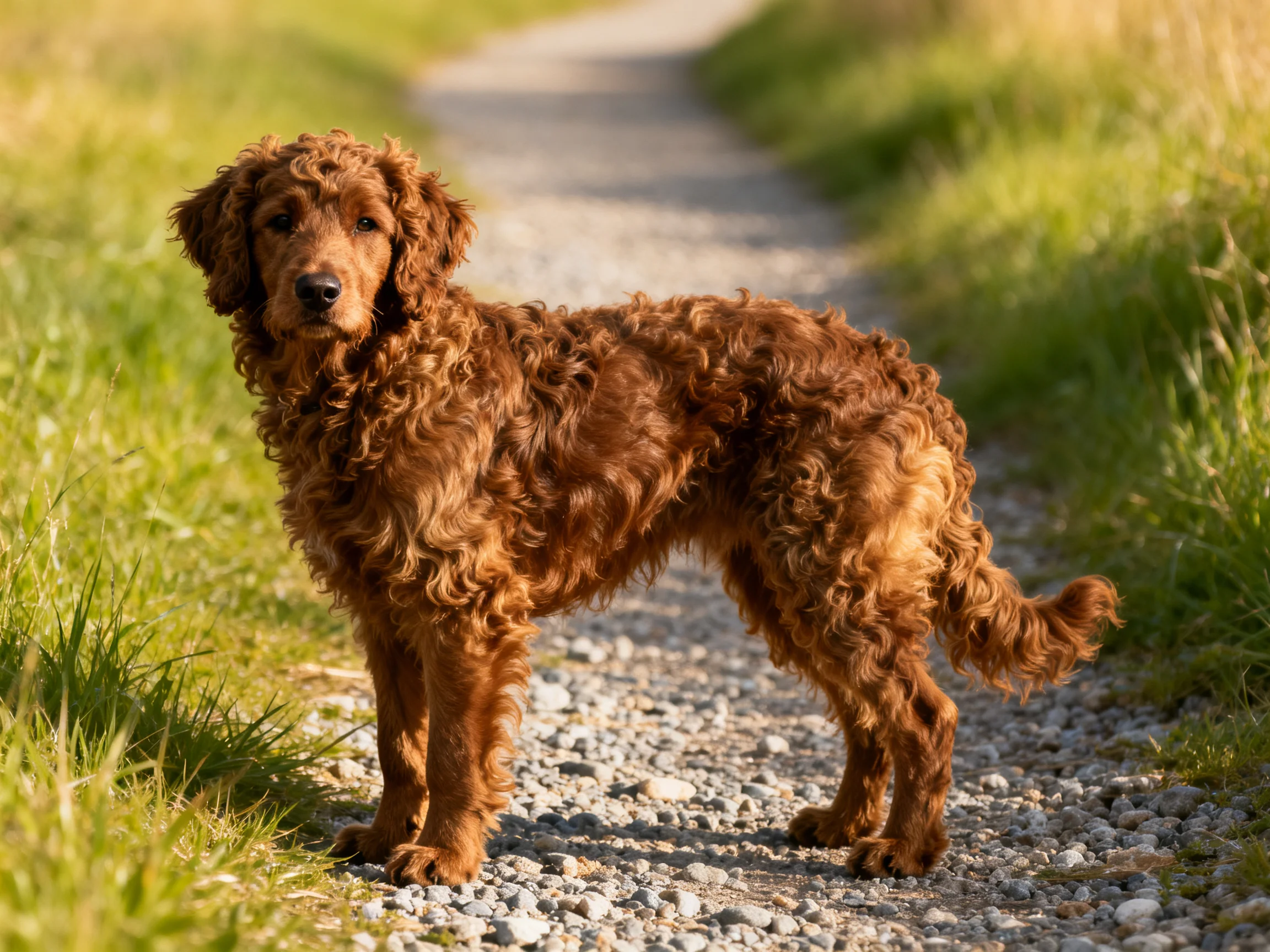 A reddish-brown curly-haired dog stands on a gravel path amid lush greenery