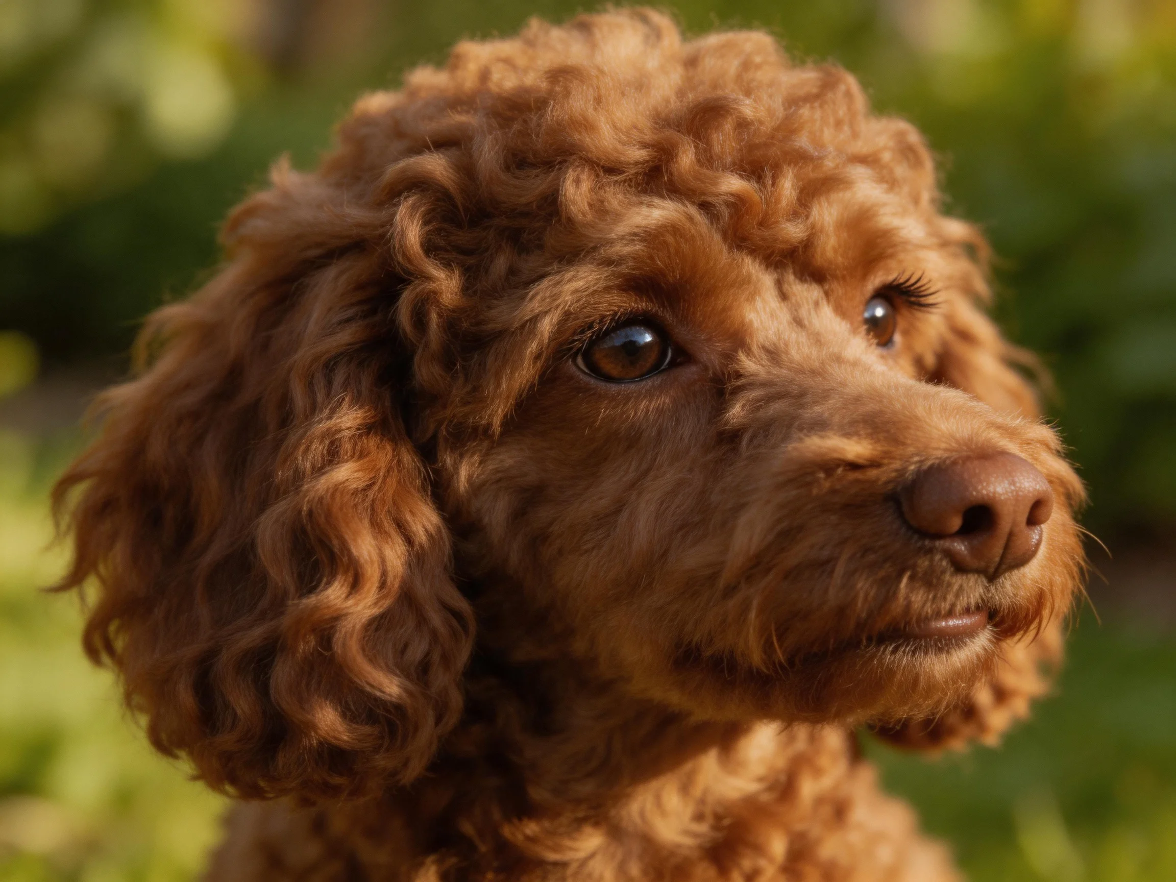 A reddish-brown curly-haired dog is shown up close outdoors.