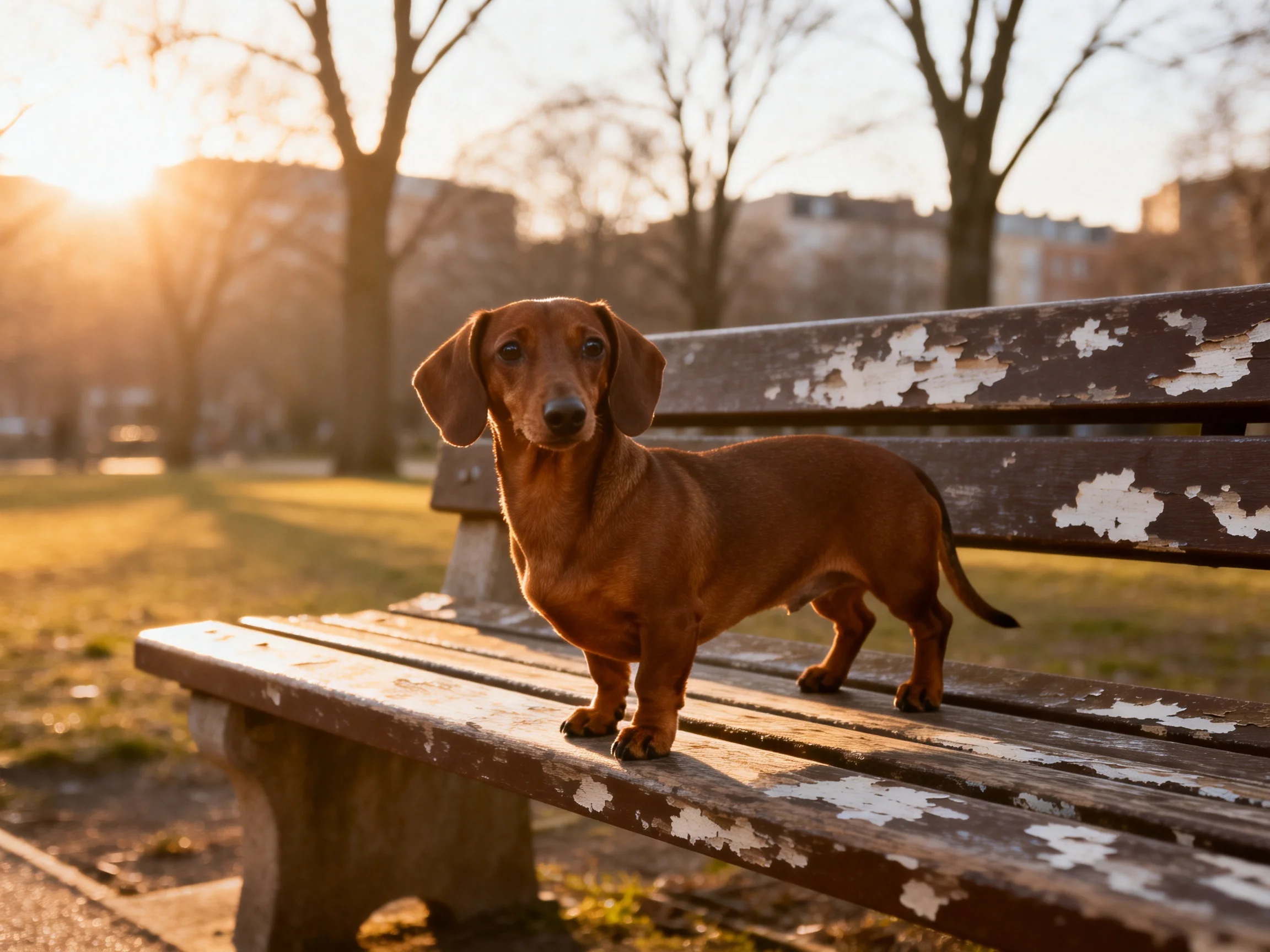 A small brown dog stands on an aged park bench in a sunlit outdoor space.