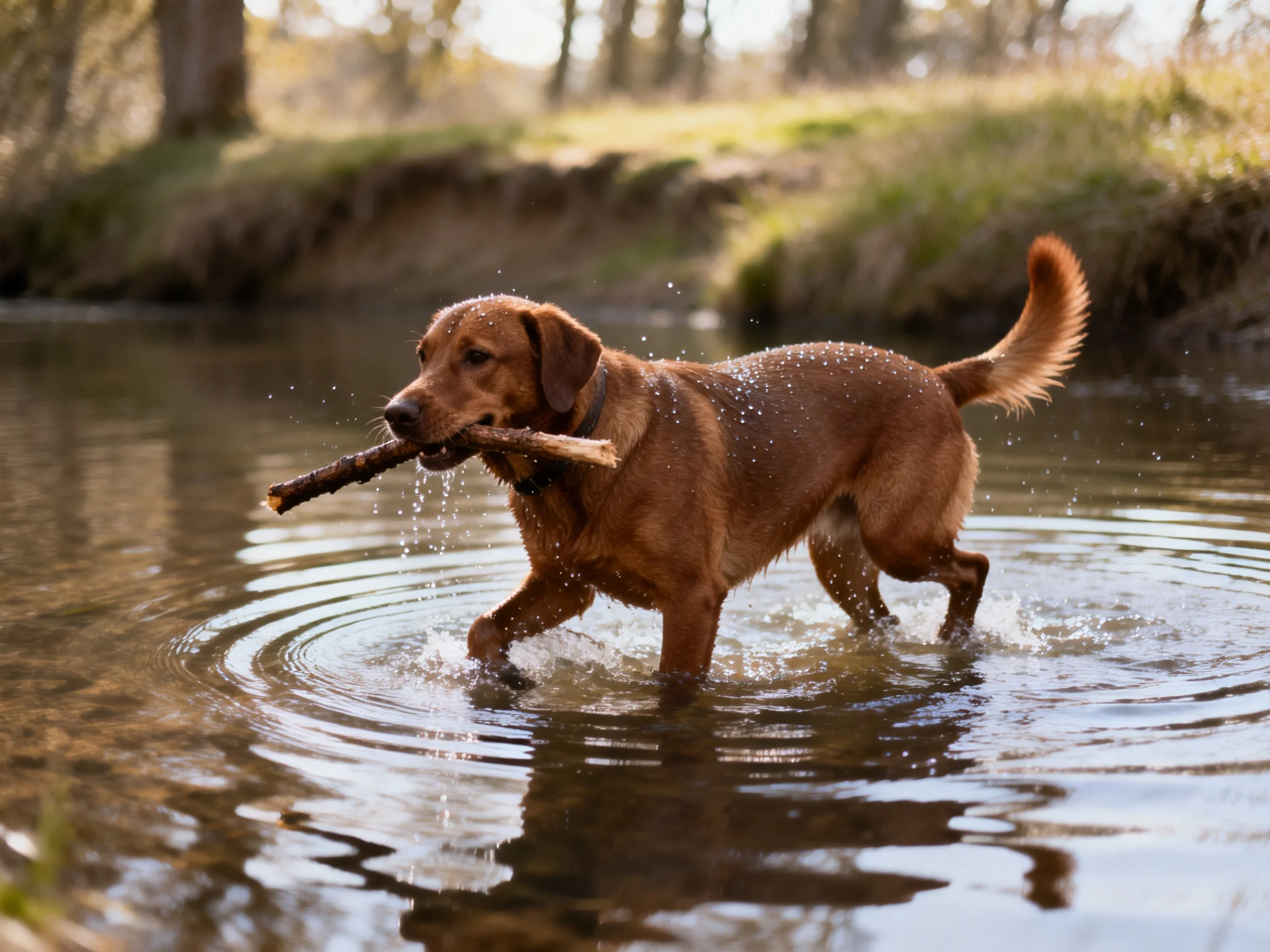 A reddish-brown dog carries a thick stick through shallow water