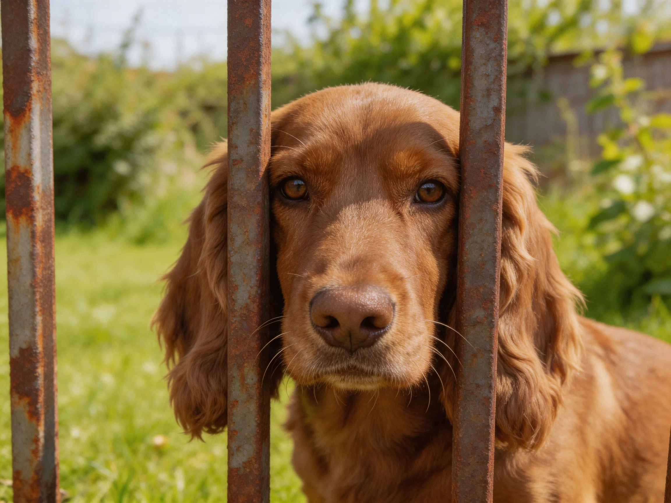 A reddish-brown dog gazes through rusted iron bars in a green landscape