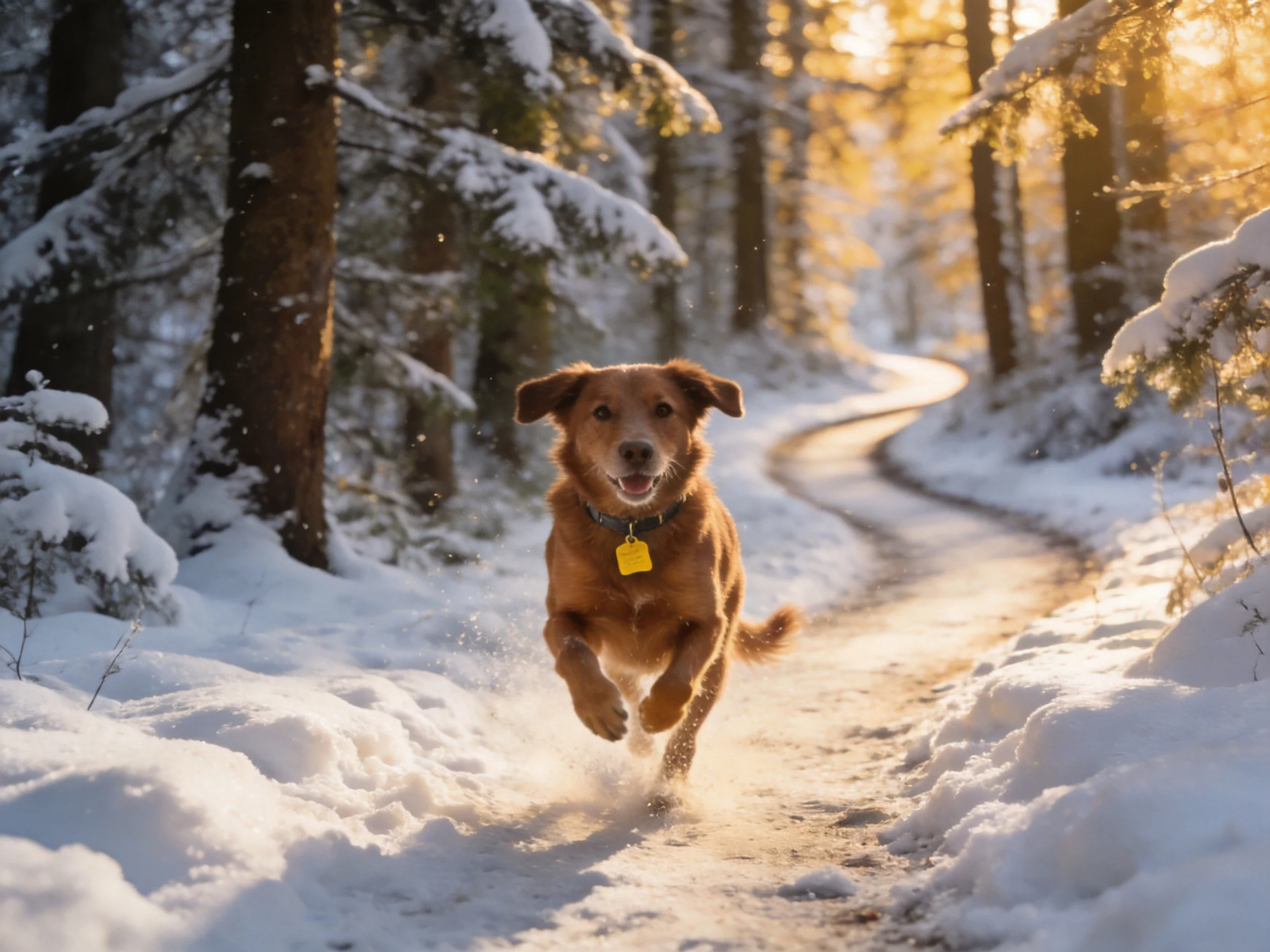 A reddish-brown dog joyfully running on a snow-draped forest trail