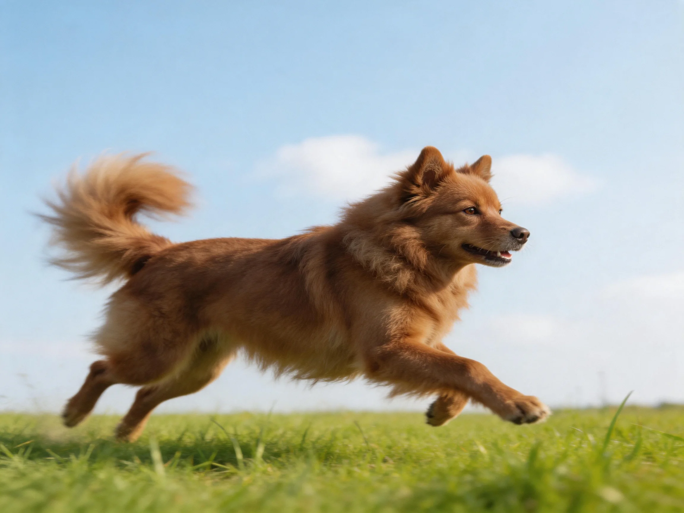 A reddish-brown dog joyfully running through lush green grass