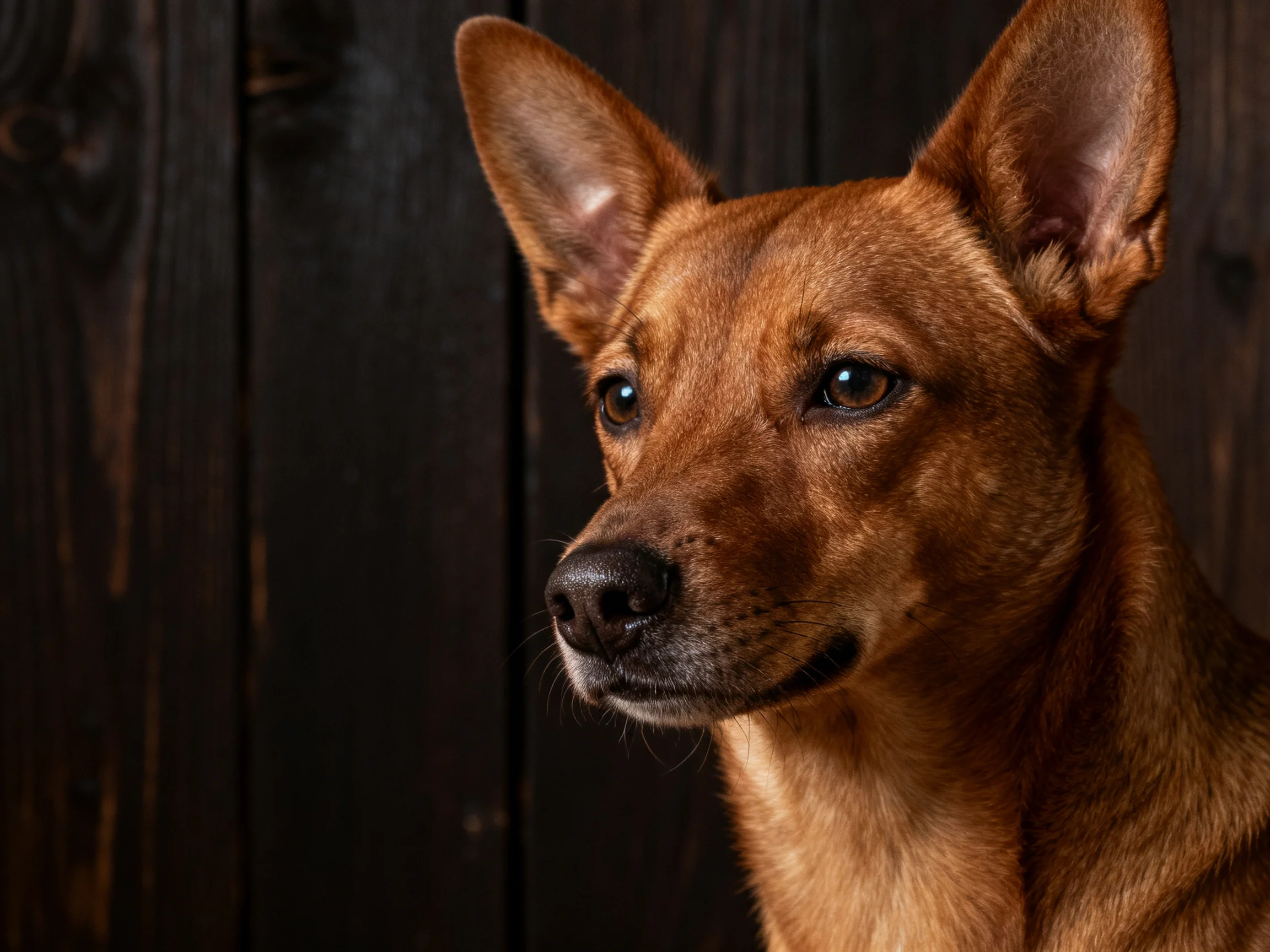 A reddish-brown dog posed against dark wooden paneling