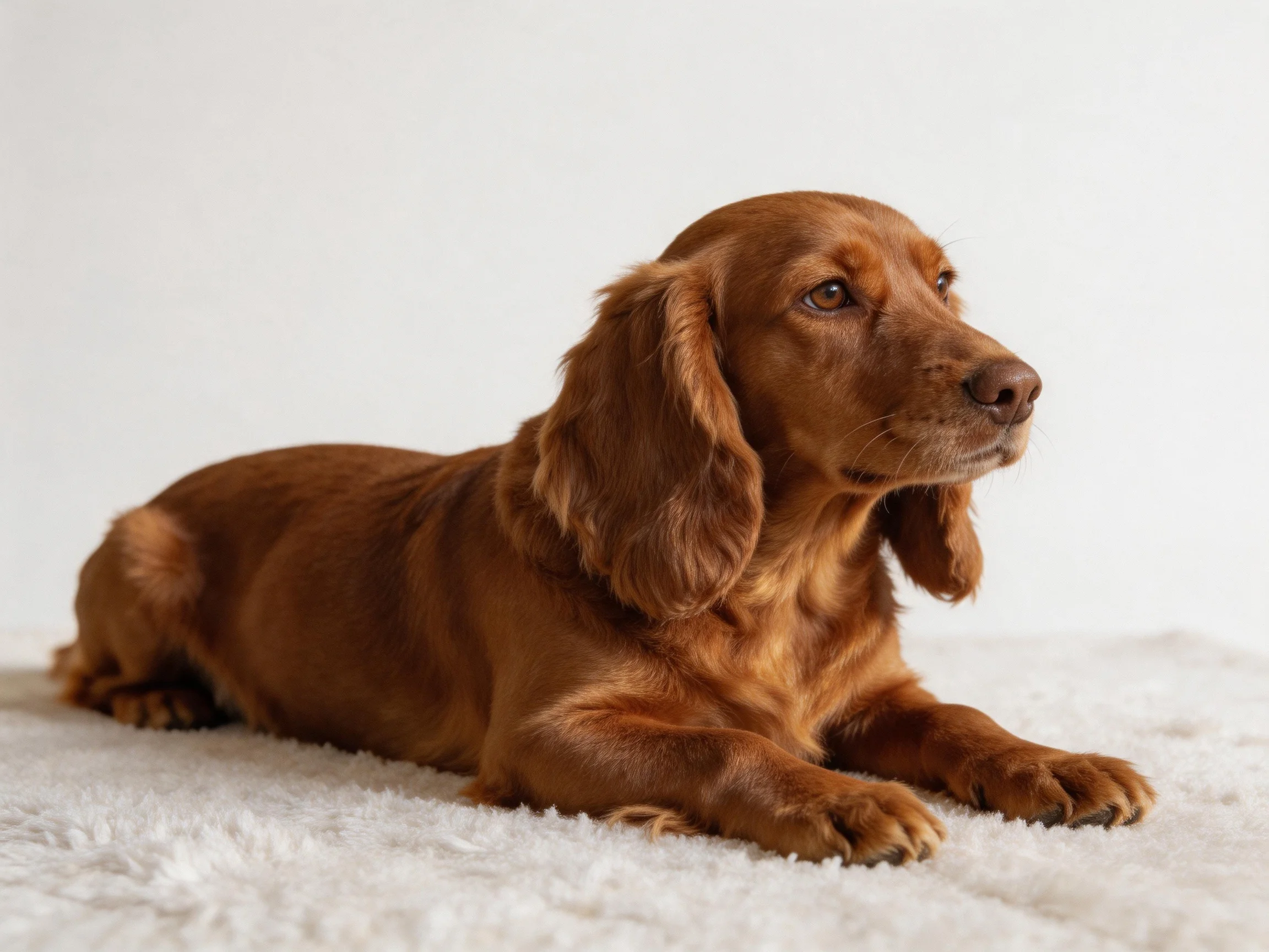 A reddish-brown dog lies calmly on a soft white carpet.