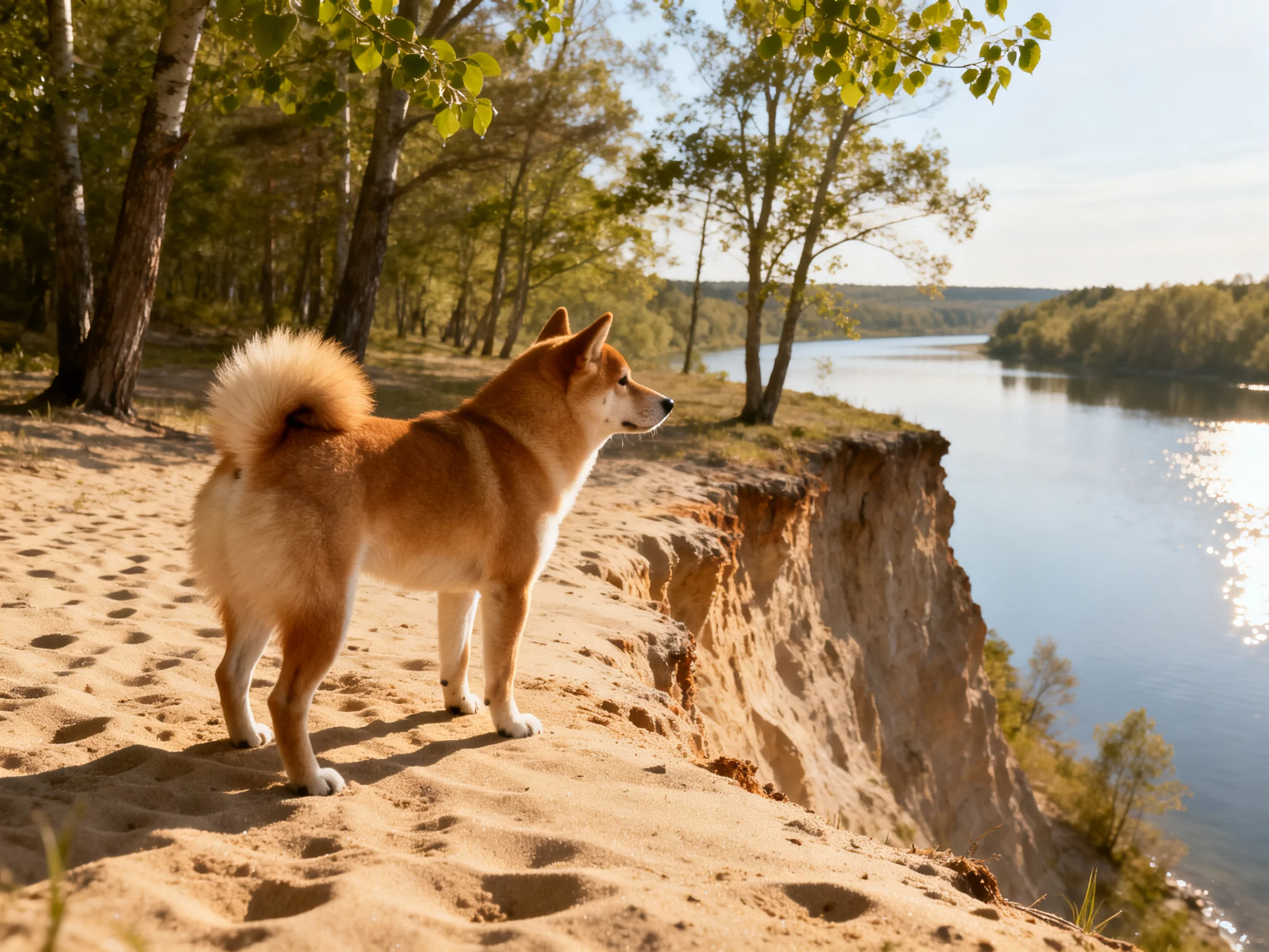 A reddish-brown dog stands on a sandy cliffside overlooking a calm river.
