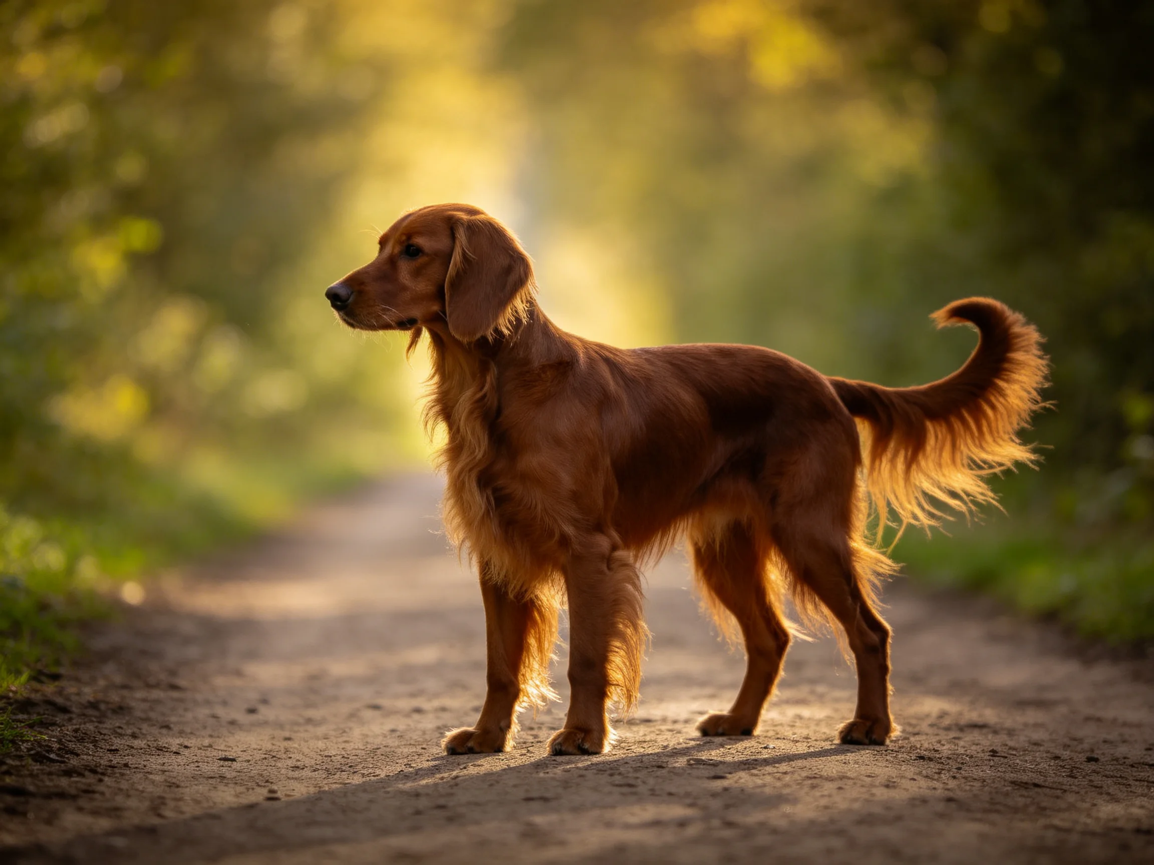 A reddish-brown dog stands on a sunlit dirt path in a forested area.
