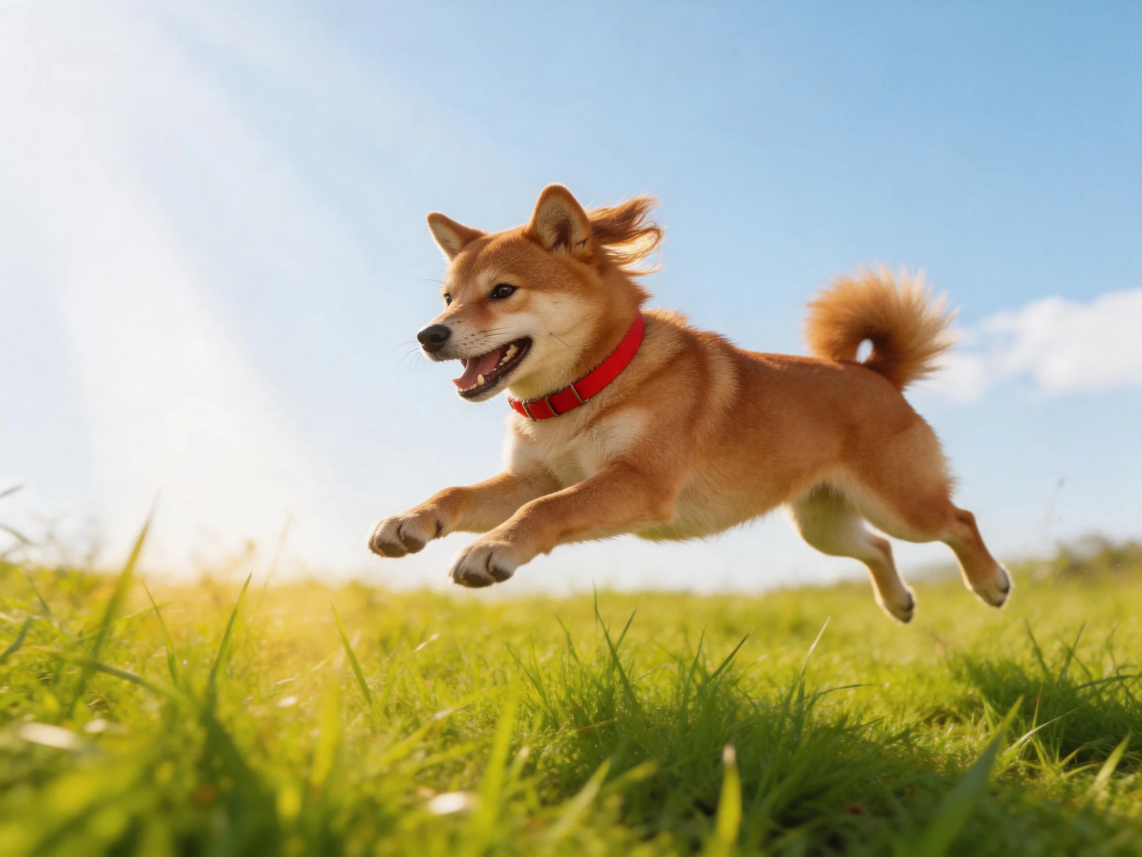 A reddish-brown dog with a red collar leaps over a sunlit green meadow