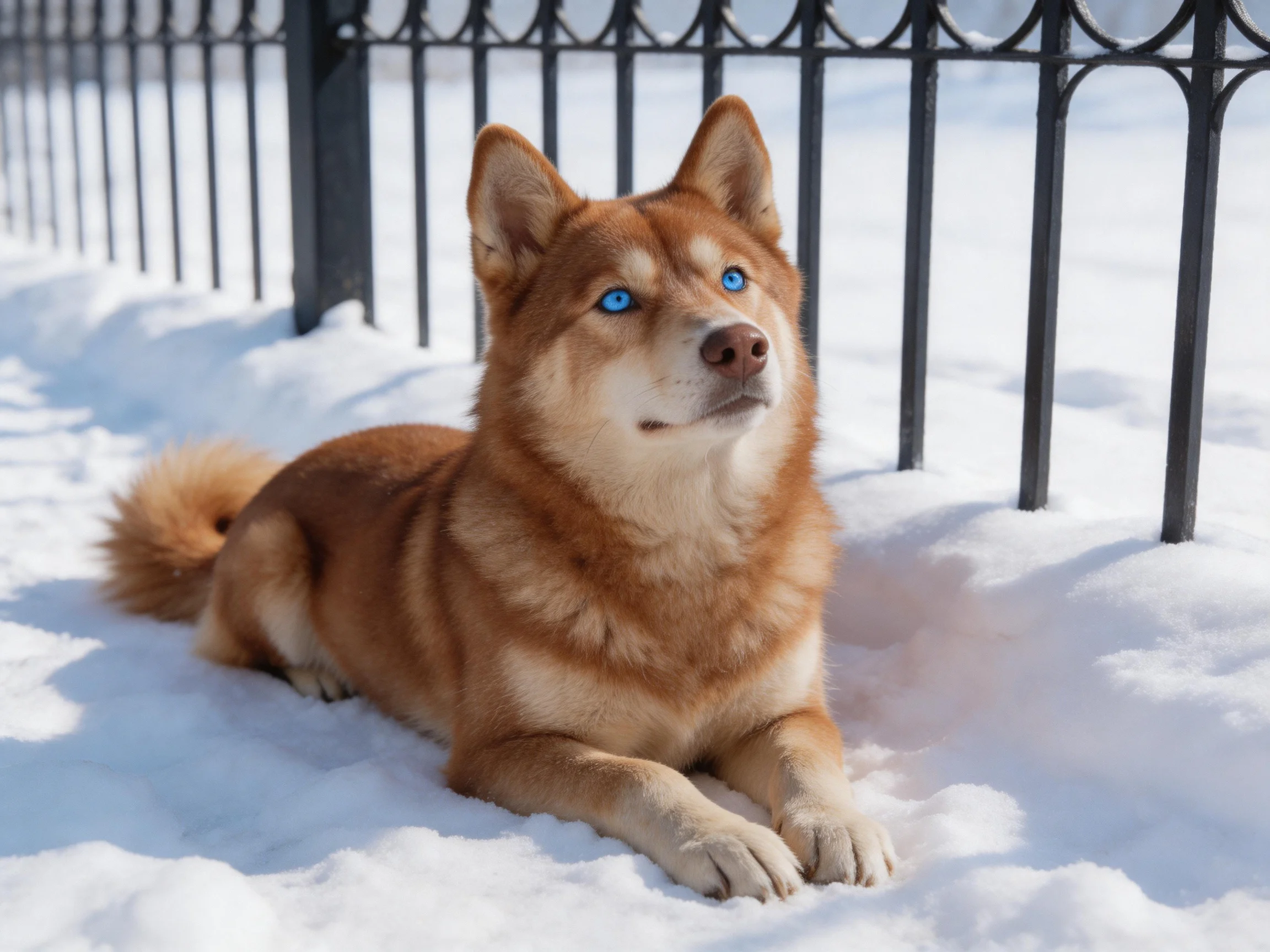 A reddish-brown dog with blue eyes rests in snow close to a black metal fence.