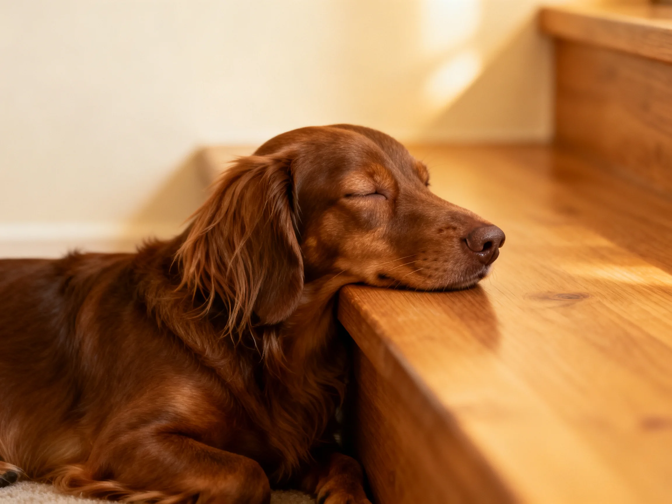 A reddish-brown long-haired dog sleeps beside smooth wooden steps