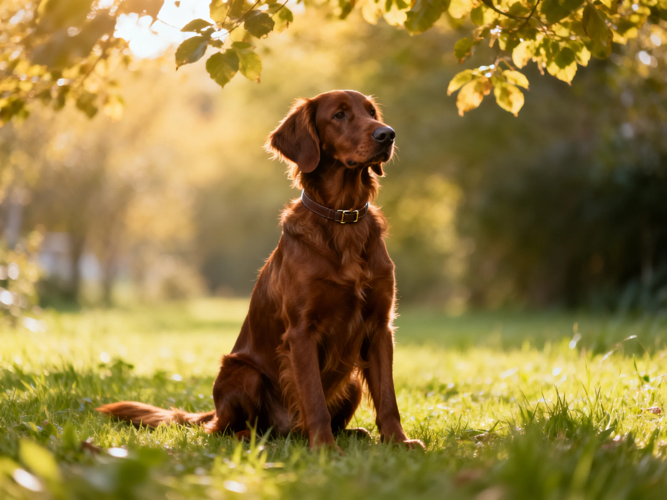A reddish-brown retriever sits calmly in a sunlit park.